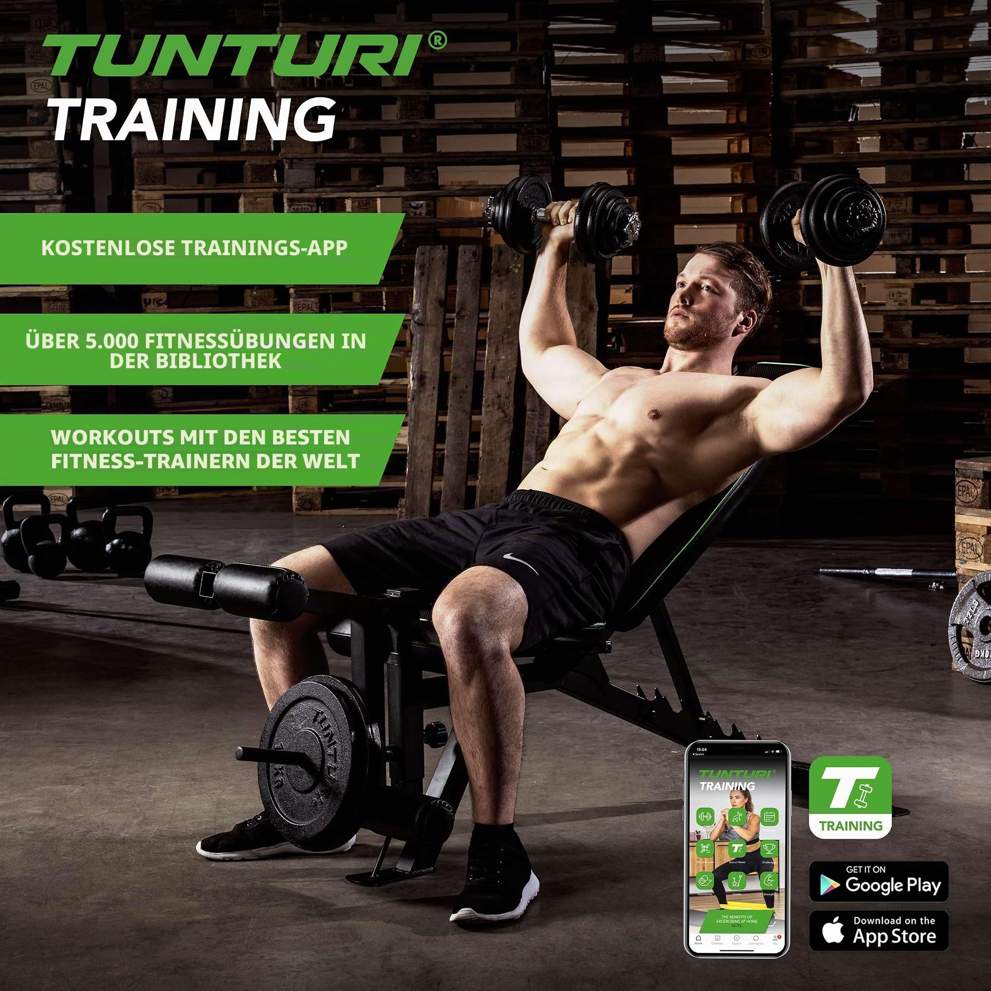 Tunturi Hantel Gusseisen 20kg - Hantelset mit Schraubverschluss - Kurzhantelset - 1 Hantelstange - 30mm - inklusive kostenlose Fitness-App