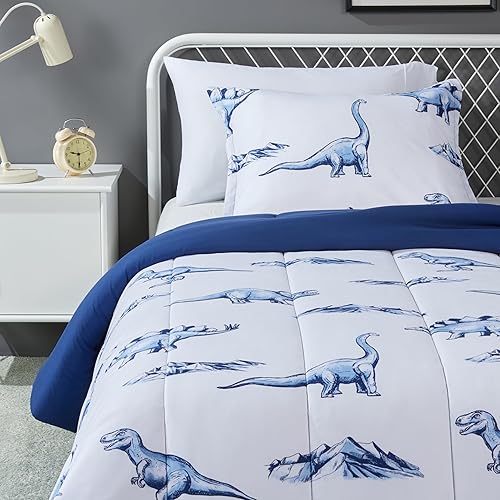 Amazon Basics 2 Piece Soft Microfiber Kid's Comforter and Pillow Sham Set, Twin, Dinosaurs, Animal Print