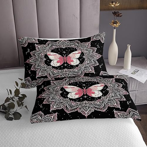 Vista 5 de Feelyou Juego de sábanas de mariposa tamaño Queen para niños y niñas, juego de sábanas de mandala bohemio para niños, sábanas negras y rosas