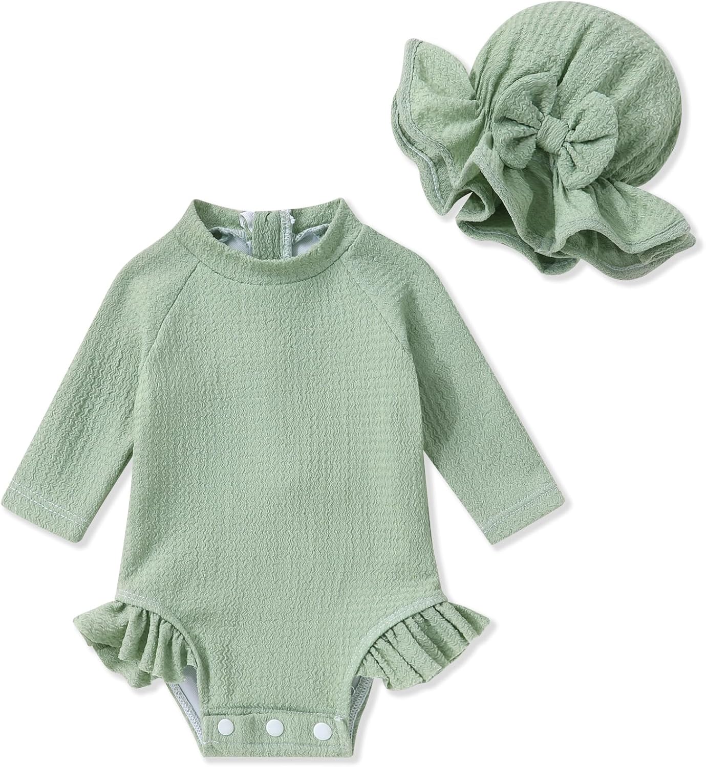 YOUNGER TREE Infant Baby Girls Swimsuit Long Sleeve Swimsuits One Piece Swimsuit Solid Color Bathing Suit with Hat