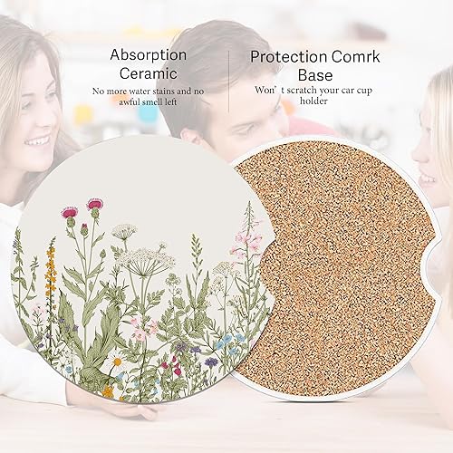 Miniatura 3 de Posavasos para automóvil con diseño de hierbas y flores silvestres, paquete de 2 posavasos para automóvil, accesorios para interiores y mujeres,