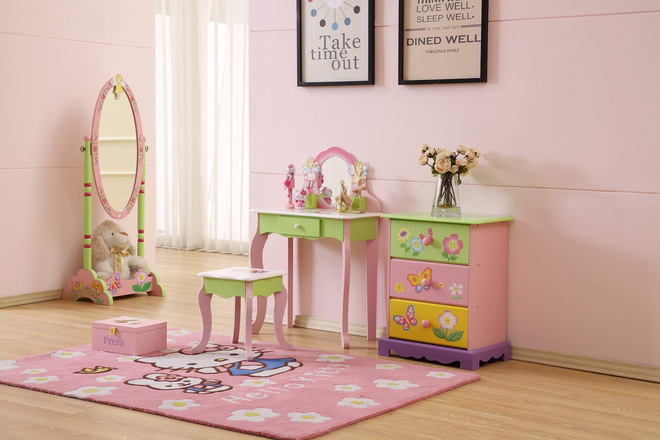 Kinder Schubladen | Mädchen Kommode Schlafzimmer | Aufbewahrungsboxen für Kinder, mit Schmetterlingsblumen-Gemälden, Rosa, Grün, Gelb, Lila (Kommode)