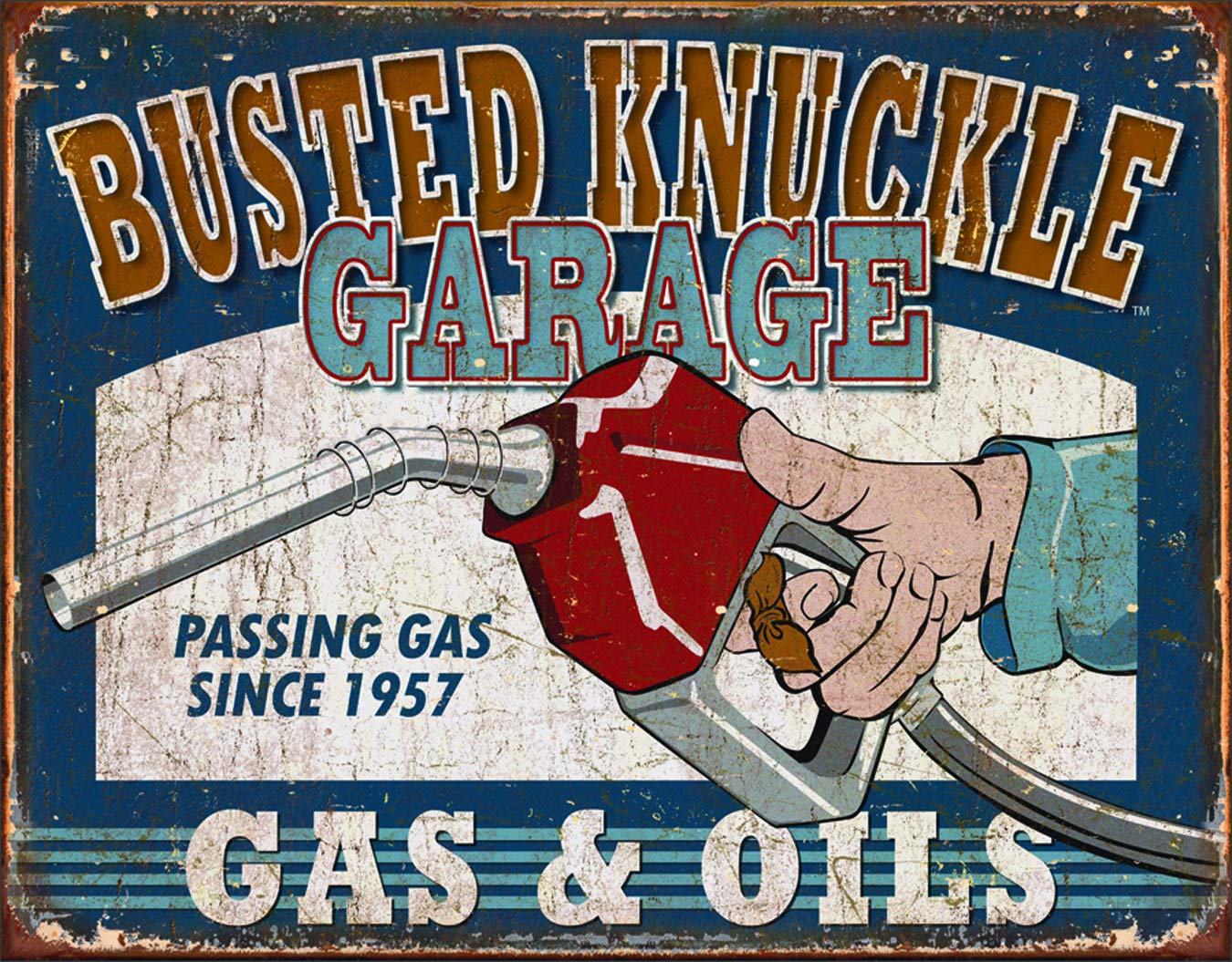 Desperate Enterprises Busted Knuckle Gas & Oils Tin Sign, 16"W x 12.5"H