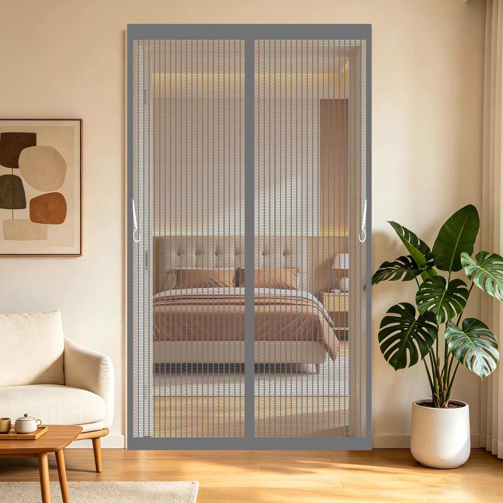 Magnetic Screen Door 91 x 215 cm with Powerful Magnets and Full Frame Magic Tape, Hands Free Closing Mosquito Door Screen Magnetic Fly Curtain for Kitchen Bedroom, Grey