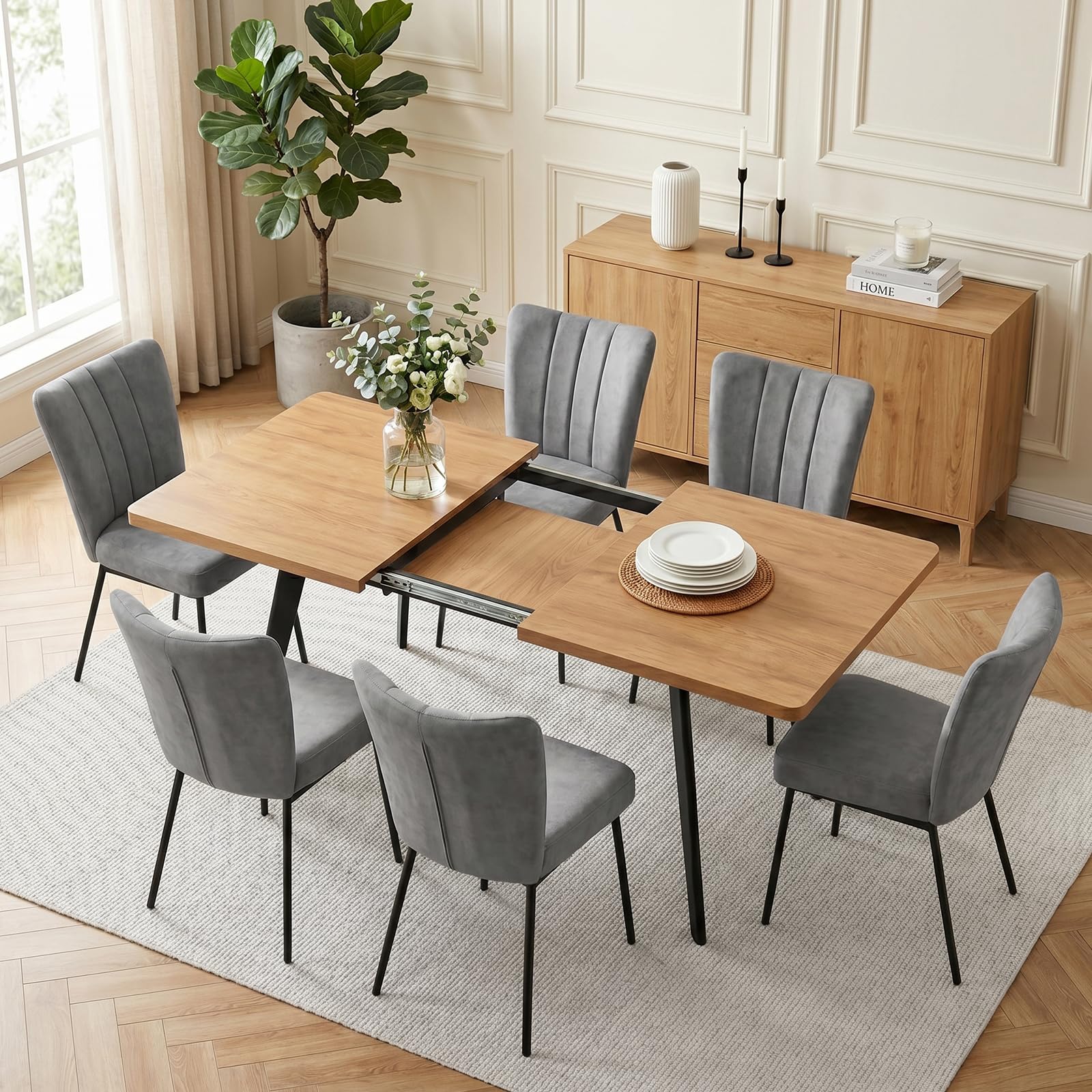 JIEXI Ausziehbares Esstischset mit 6 Stühlen, platzsparender Tisch aus MDF-Holz und stabilem Metallgestell, perfekt für Esszimmer, Küchen und Wohnungen – Tisch aus Eiche + Stühle aus grauem Samt