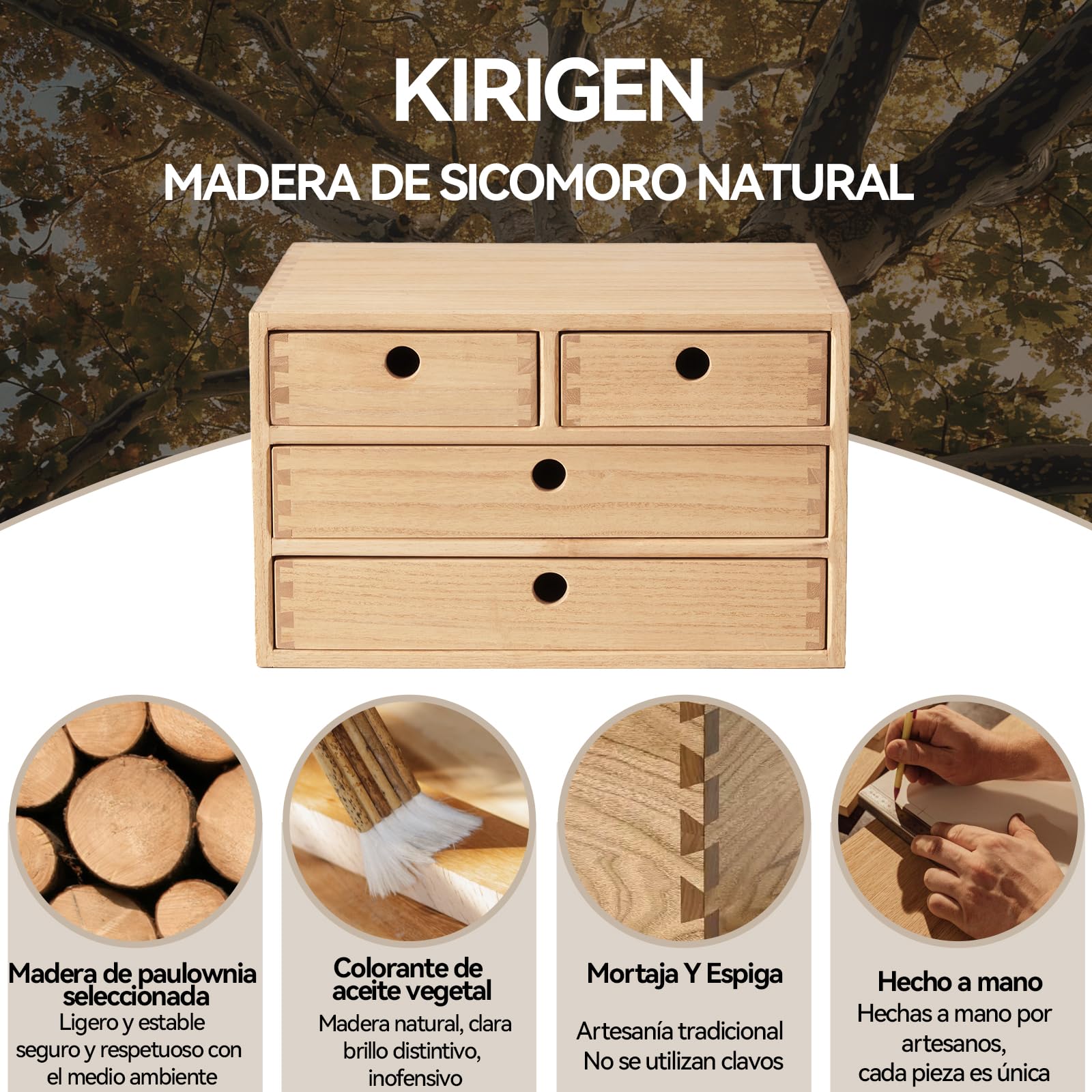 KIRIGEN Cajas de Madera para cajones Planos de Archivos, Cajas de Almacenamiento con Compartimentos, Montaje sin Herramientas 3 Niveles/4 cajones Color Natural