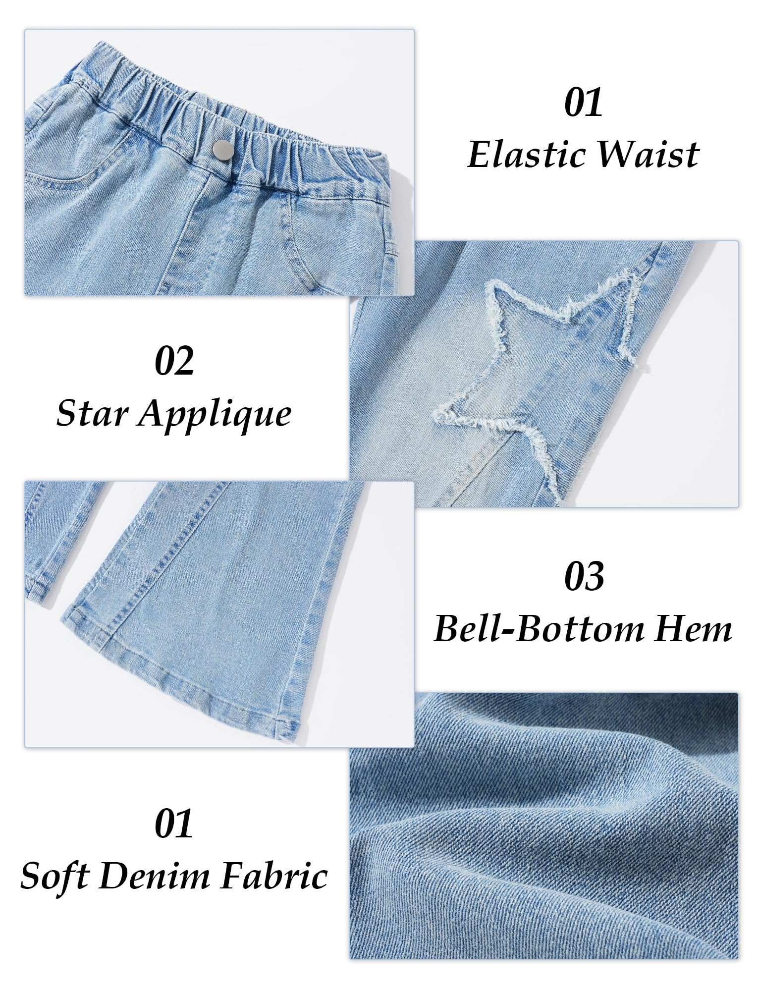 Maeau Jeans évasés pour filles - Motif étoiles - Patchwork - Taille élastique - Avec poches