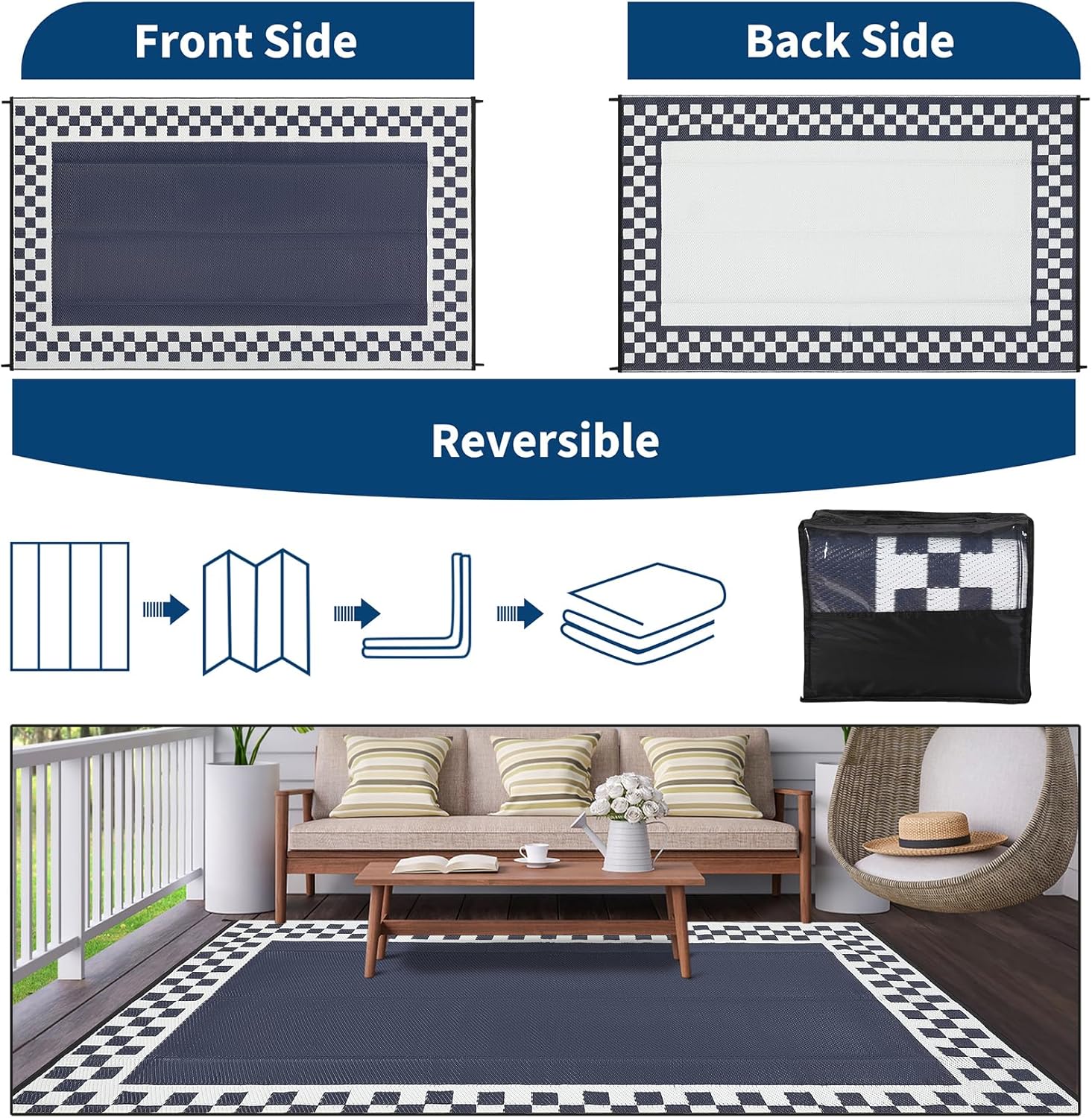 9x12 Outdoor Rug Waterproof Foldable Plastic Straw Carpet for Patio Porch Modern Geometric Border Reversible Mat Lightweight Floor Mat for Picnic, Backyard, Rv, Deck, Camper, Balcony，Blue