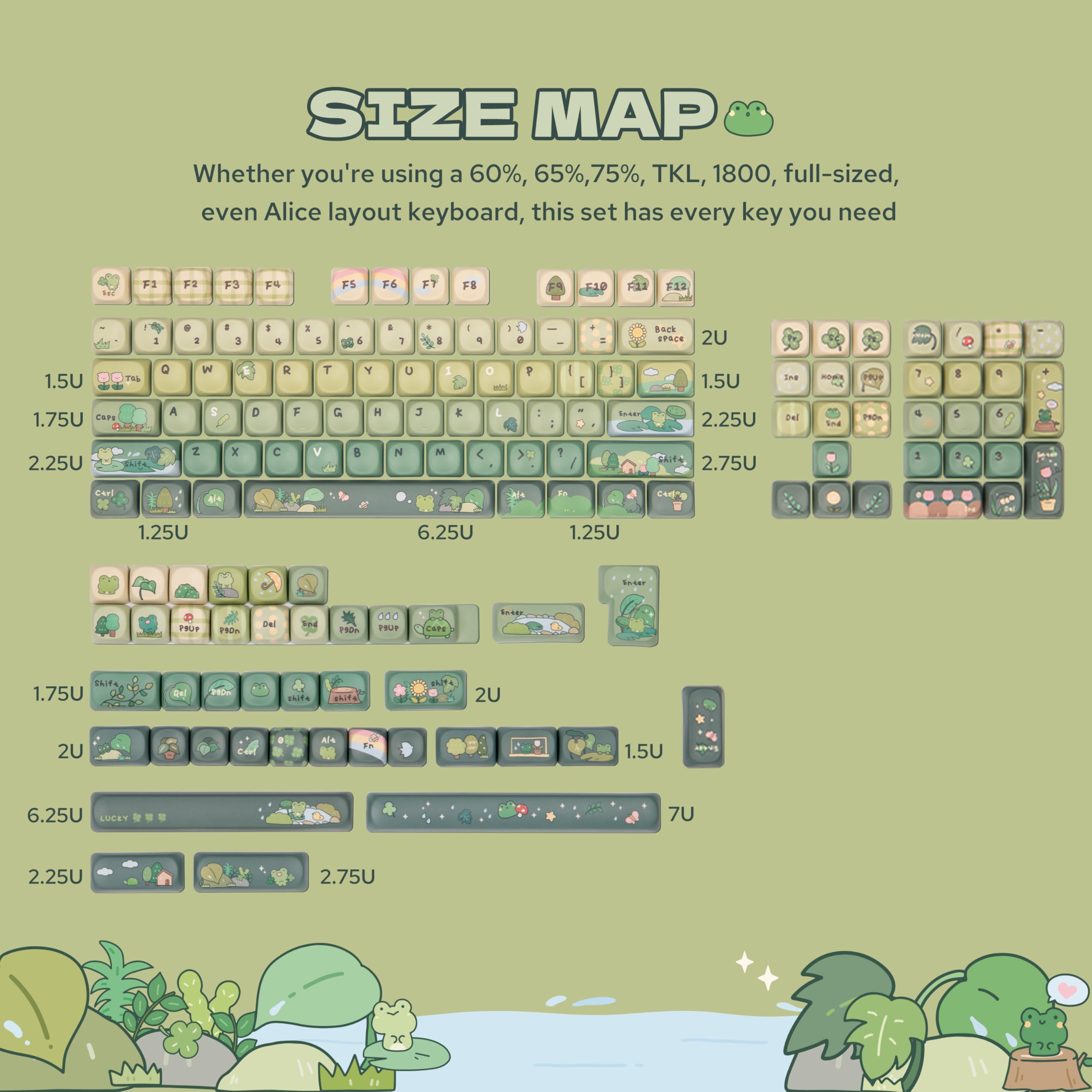KiiBOOM X Cosydiaries Rainy Froggy Day - Set di copritasti con profilo MOA, 143 tasti, copritasti personalizzati in PBT, per tastiera meccanica, compatibili con ANSI/ISO, 60%, 65%, 75%, TKL, layout