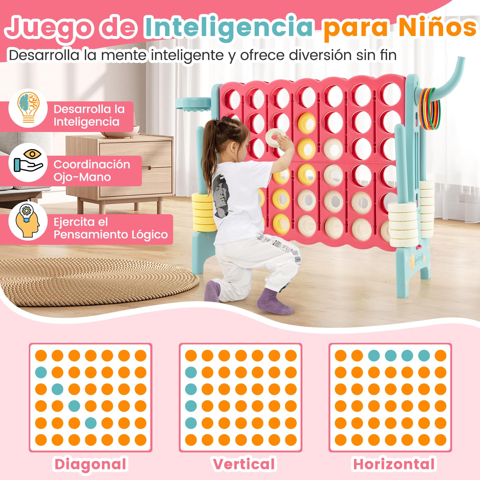 COSTWAY Conecta 4 Gigante, Mega 4 para Niños y Adultos, Juego de Exterior 74 cm con Canasta y Juego de Lanzamiento de Anillos, 42 Piezas Gigantes con Pegitinas y Boloncesto (Rojo y Azul)