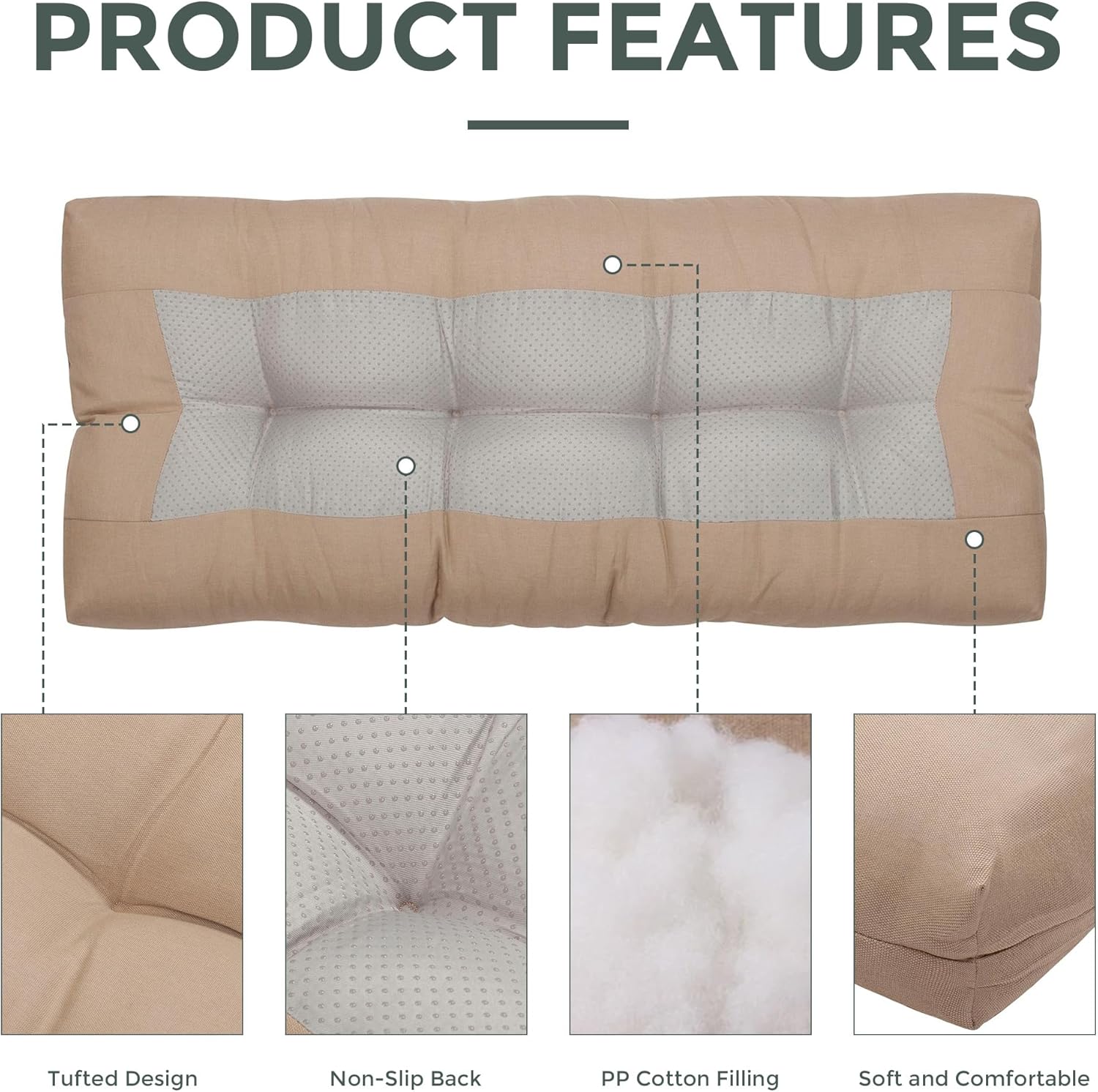 Magpie Fabrics Indoor Outdoor Bench Cushion 42"x18", Non-Slip Tufted Long Seat Pads, Patio Loveseat Cushion for Window, Garden, Swing, Settee - Khaki