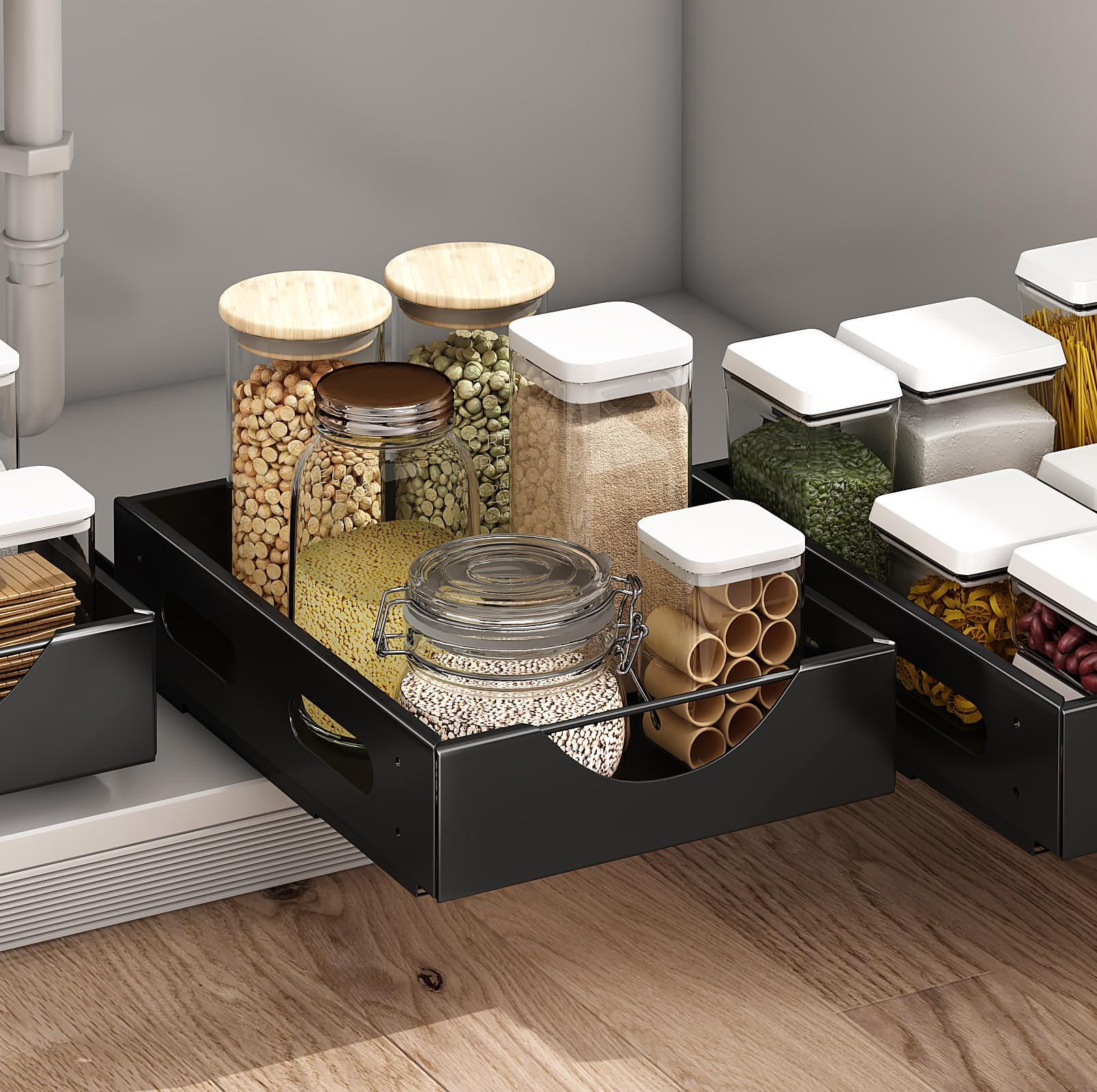 Pull Out Cabinet Organizer, Slide Out Drawers Pull Out Drawers for Kitchen Slide Out Cabinet Organizer No Drill Drawers (11"W x 15.3"D x 3.75" H) (Black)