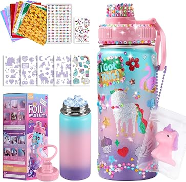 JMMICO Decorate Your Own Water Bottle Kits for Girls Age 4-6-8-10 Stainless Steel,Unicorn Crafts Kits, Foil Arts and Crafts Gifts, Easter and Birthday Gifts for Girls