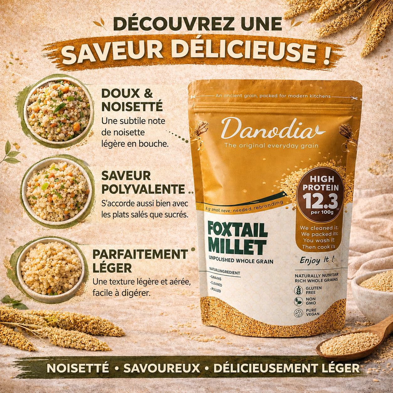 Danodia Foods Millet Queue-de-Renard Entier 950 g / 2 lb | Foxtail Millet décortiqué et non poli | Céréale sans gluten cultivée en Inde | Pour bols, porridge, accompagnements et recettes maison