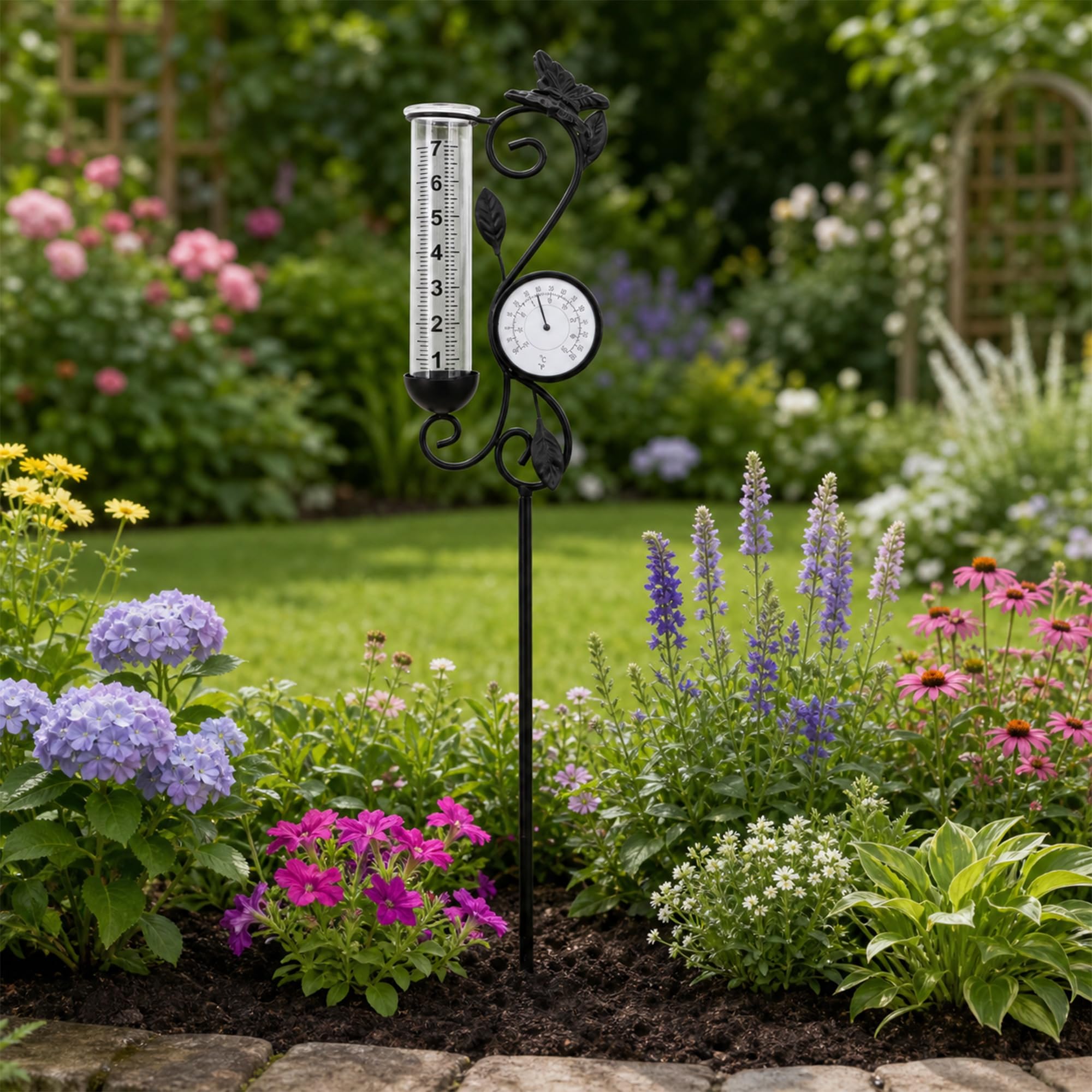 Pluviomètre papillon pour décoration de jardin, thermomètre de 81,3 cm, décoration de terrasse, 17,8 cm, tube de rechange en verre, température extérieure