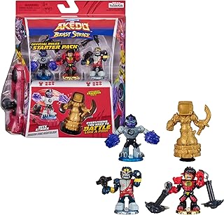 Legends of Akedo Beast Strike - Official Rules Bite Strike Starter Pack - 3 Mini Battling Warriors with Training Practice Piece and Exclusive Joystick Controller