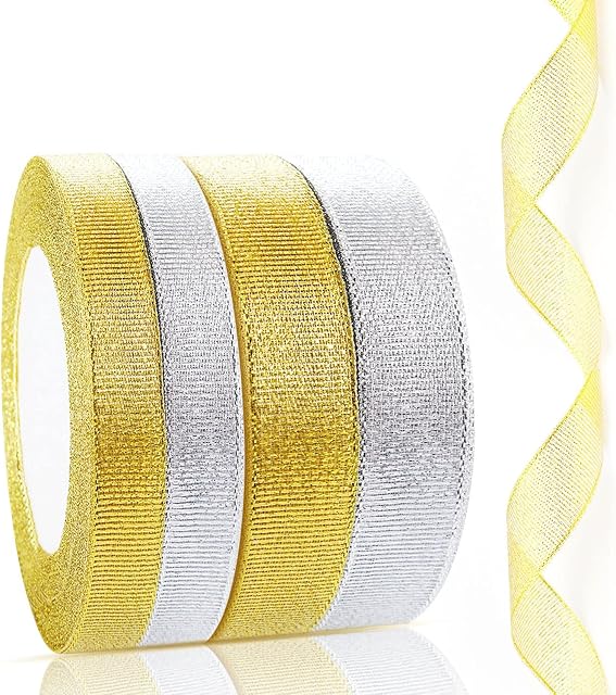 4 Pack 20mm&10mm Gift Wrap Ribbon 88m Gold Silver Glitter Organza Ribbon for Christmas Tree Wrapping Gift Craft - 4 x 22m