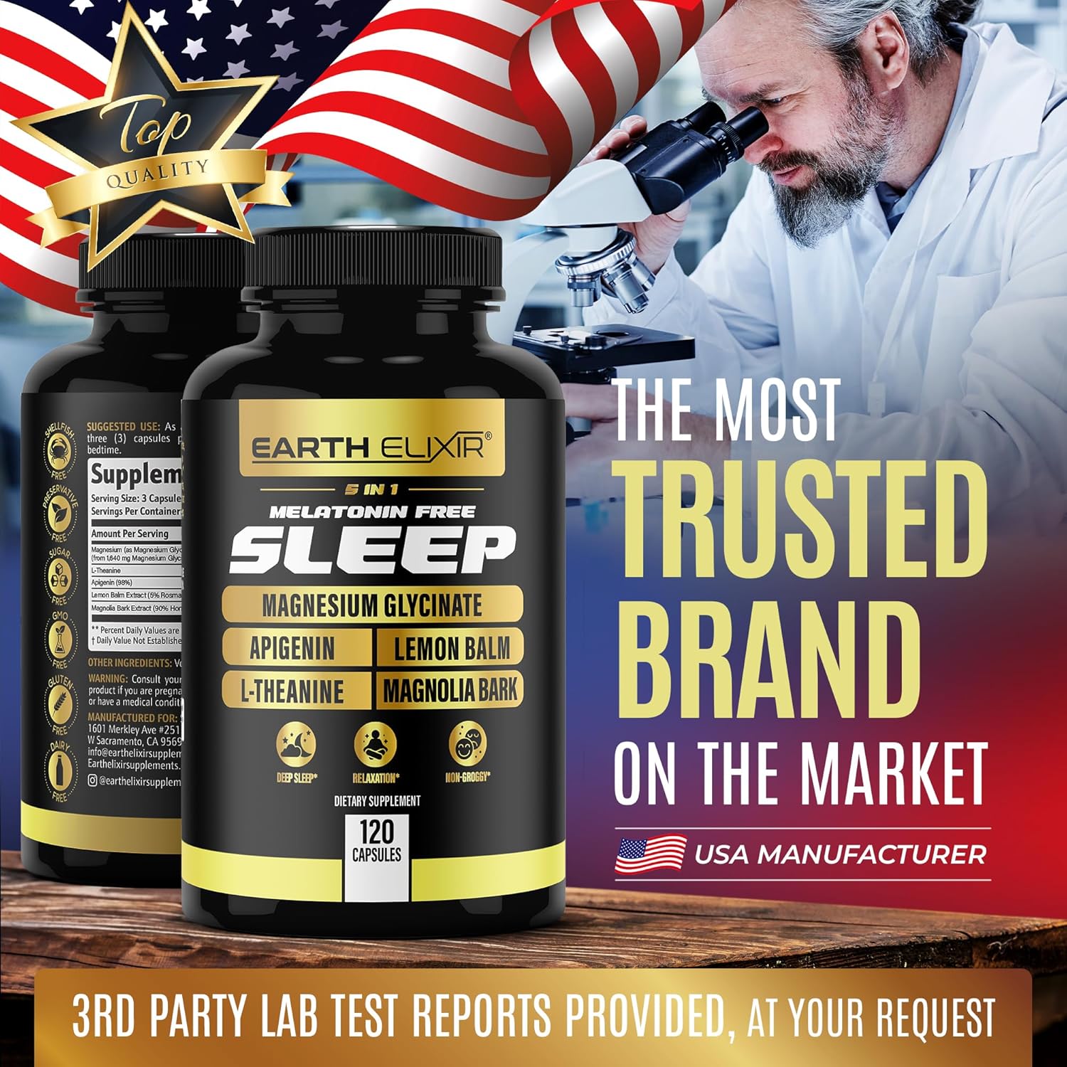 Earth Elixir 5-in-1 Melatonin Free Sleep Aid – Magnesium Glycinate, Apigenin Supplement for Sleep, L-Theanine, Lemon Balm Capsules, Magnolia Bark Extract Capsules – Sleep Supplement Without Melatonin