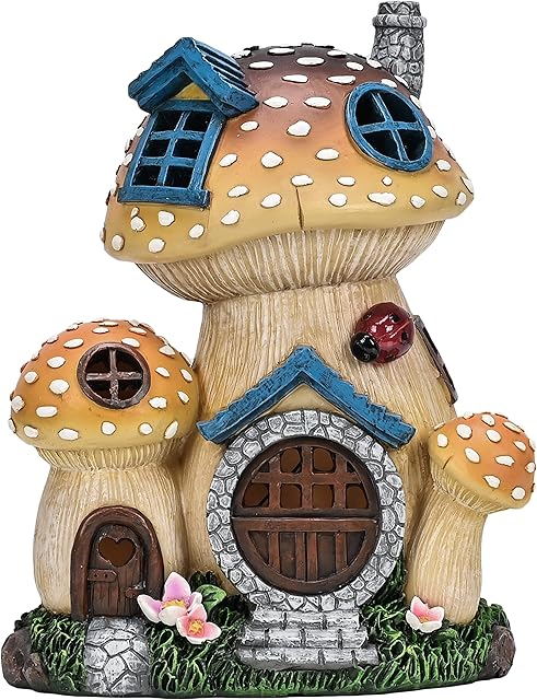 TERESA'S COLLECTIONS Fairy House Garden Ornaments Outdoor with Solar Lights, Waterproof Resin Mushroom Ladybug Decor Garden Statues Cottage Figurines for Patio Lawn Yard Decorations, 21cm