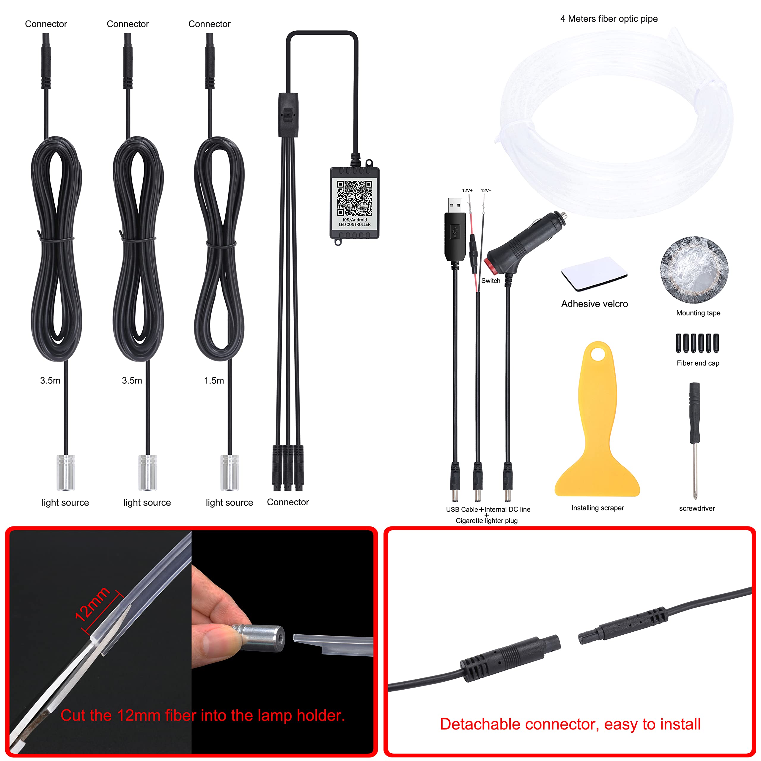 Car Interior Strip Lights, QAUBEN 3 in 1 Multicolor RGB Car Ambient Lighting, 4m Fiber Optic EL Neon Tube Light, DIY Mode Music Sync APP Control DC 12V