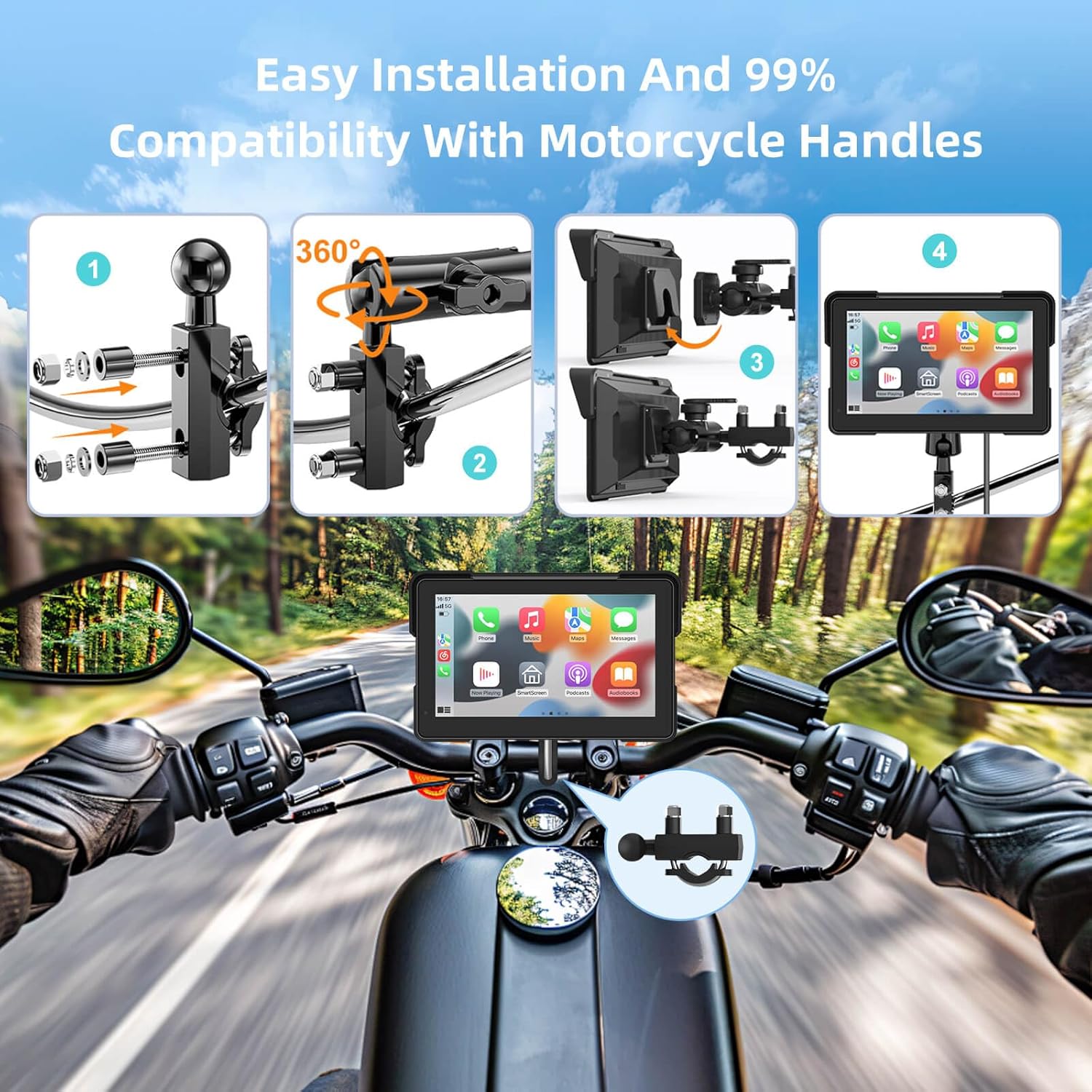 7 Inch Wireless Motorcycle CarPlay &Android Auto, Waterproof Smart GPS Navigation System, Portable Moto Car Play Screen with Dual Bluetooth, Voice Control, Navigation, Siri/G-Assist, Anti-Glare