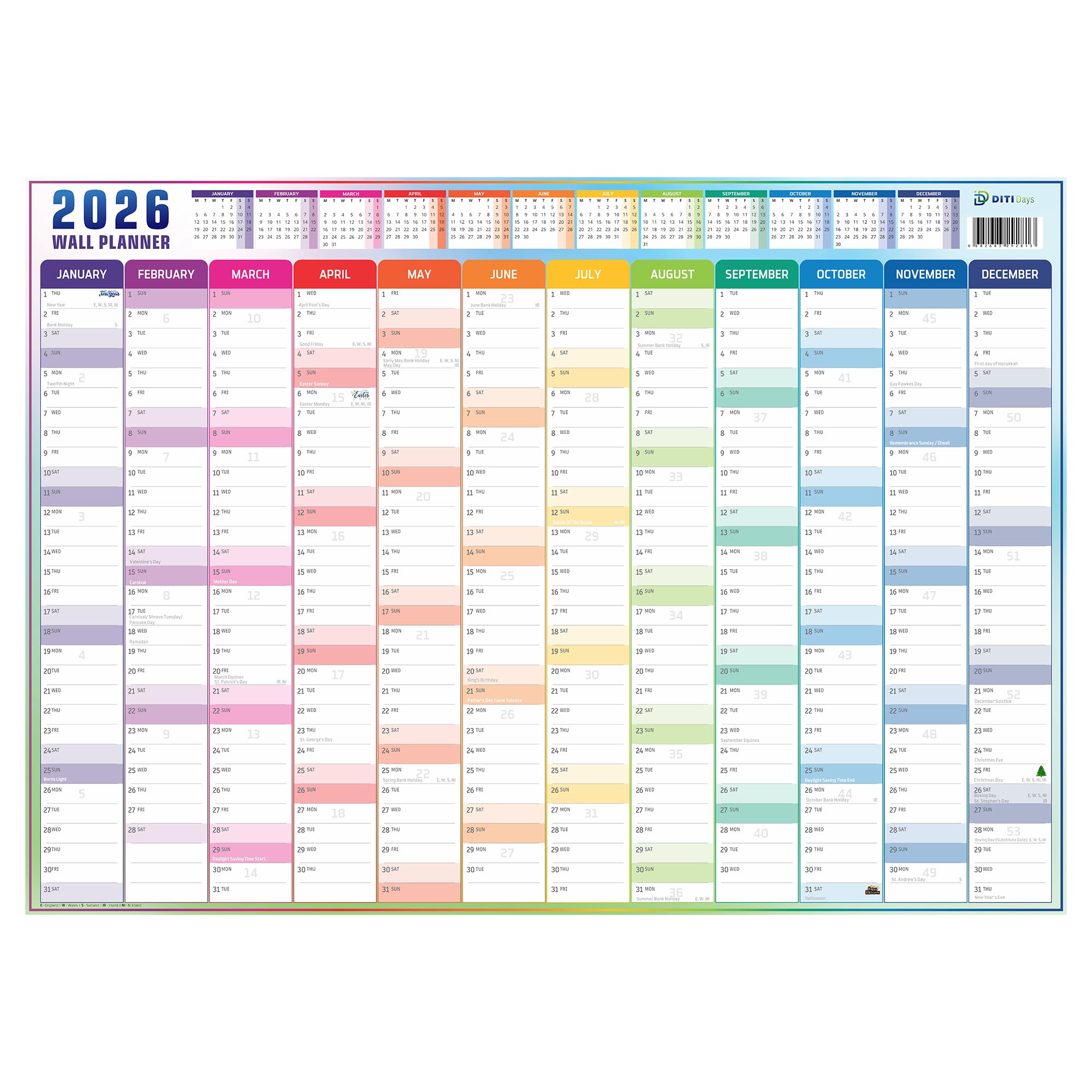 Wall Planner 2026 A2 (59 x 42 cm) Full Year Jan–Dec | Rainbow Design | UK & Ireland Bank Holidays | 170 GSM Silky Paper | Home Office School University | British Made | Folded