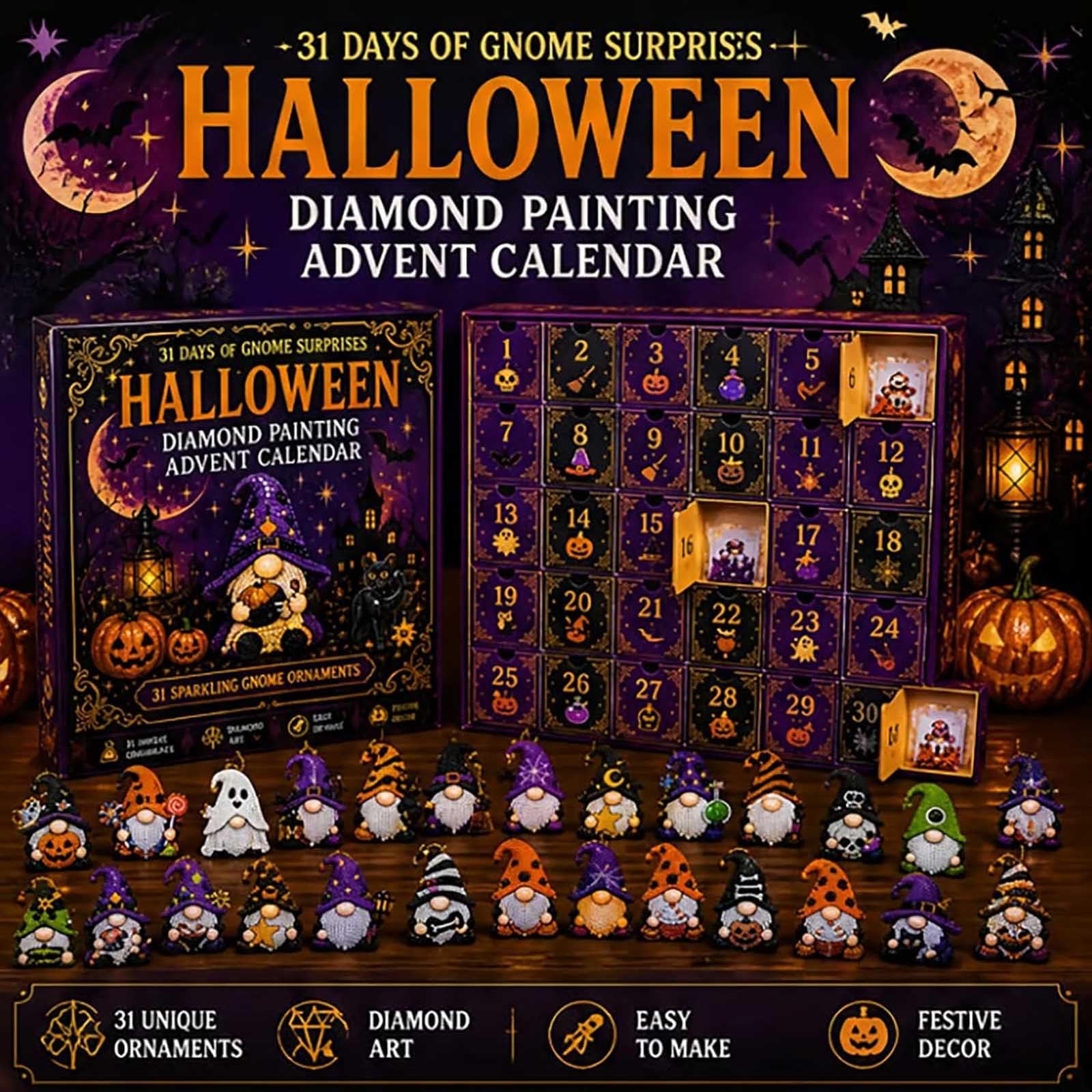 Diamond Painting Adventskalender mit Halloween Wichteln (2pc) | DIY Bastelset für Wichtel Diamond Paintings mit 31 Wichtel Anhängern – Halloween Deko zum Aufhängen für Erwachsene