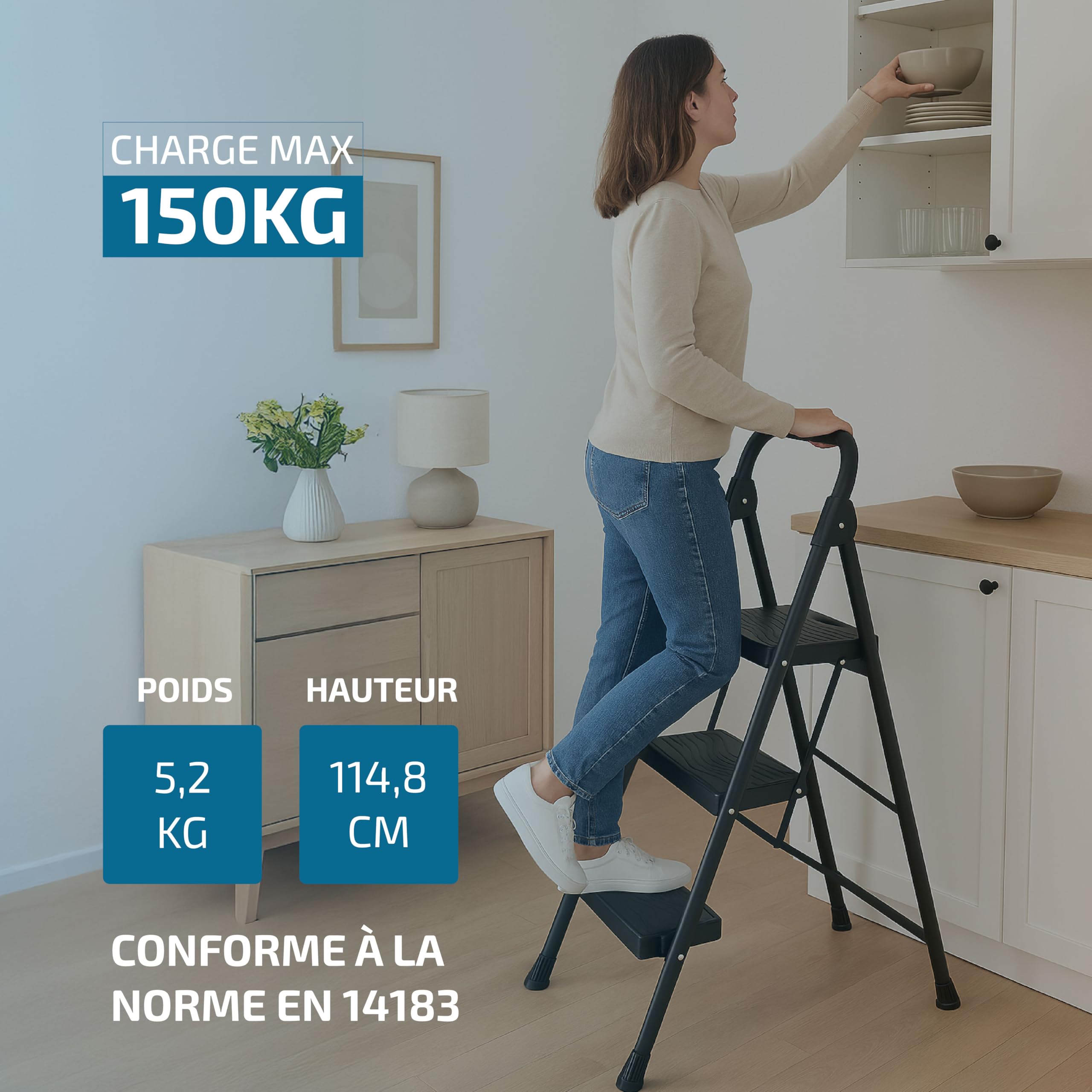 Escabeau Pliant Acier – 3 Marches | Charge 150 kg | Pieds Antidérapants