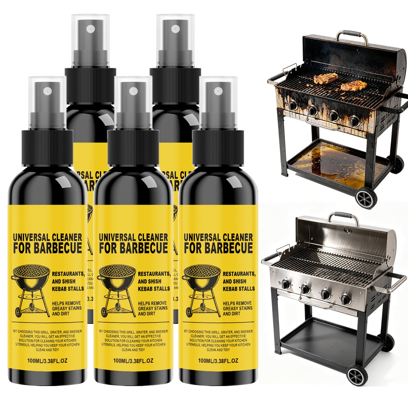 Grill & BBQ Cleaner Spray - Hochleistungs-Entfetter für Outdoor-Roste, Spieße & Kochgeschirr, entfernt gebackenes Fett & Lebensmittel, Mehrflächen-Kücheneinsatz (5PCS)
