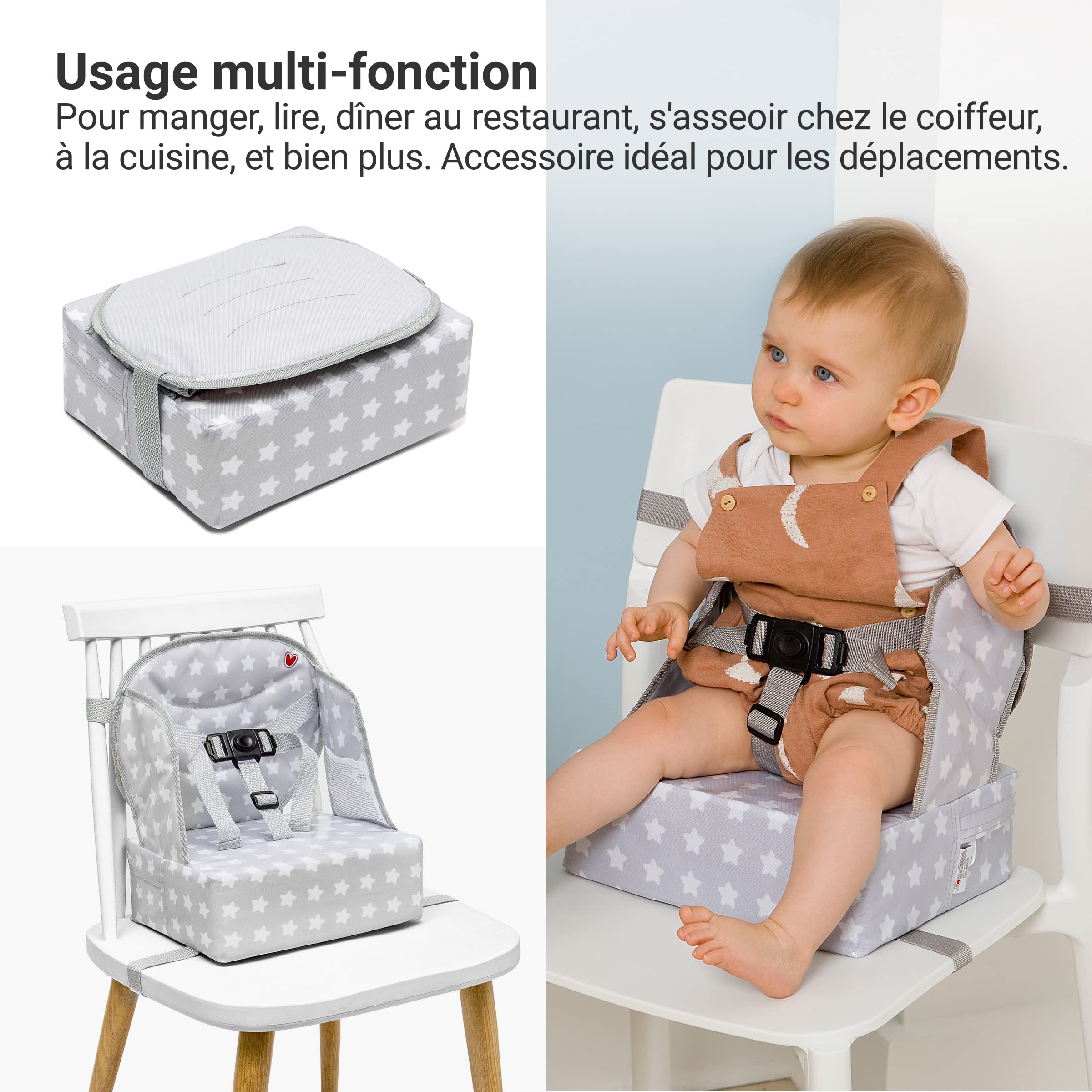 BabyToLove | Rehausseur chaise bébé compact et pliable avec coussin imperméable, harnais 3 points et poignée de transport | White Stars