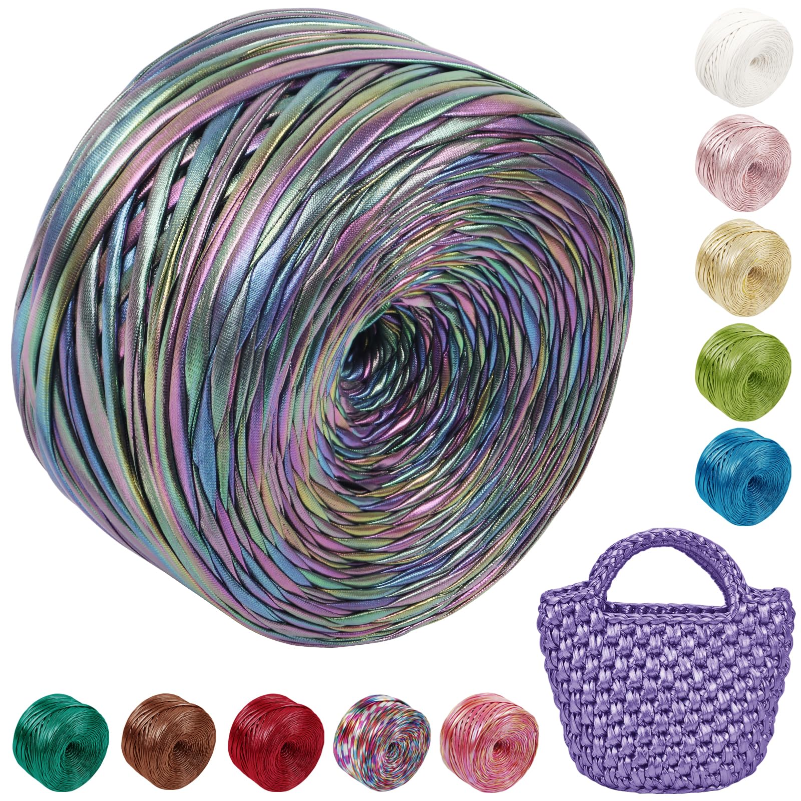 Uiopa Metallic T Shirt Yarn for Crocheting, 100g/30m Polyester Elastic Tshirt Yarn Single-Side Thick Fabric Cloth Ribbon for Crochet Bags, Baskets, Home Decor, DIY Crafts (Gradient-Purple)