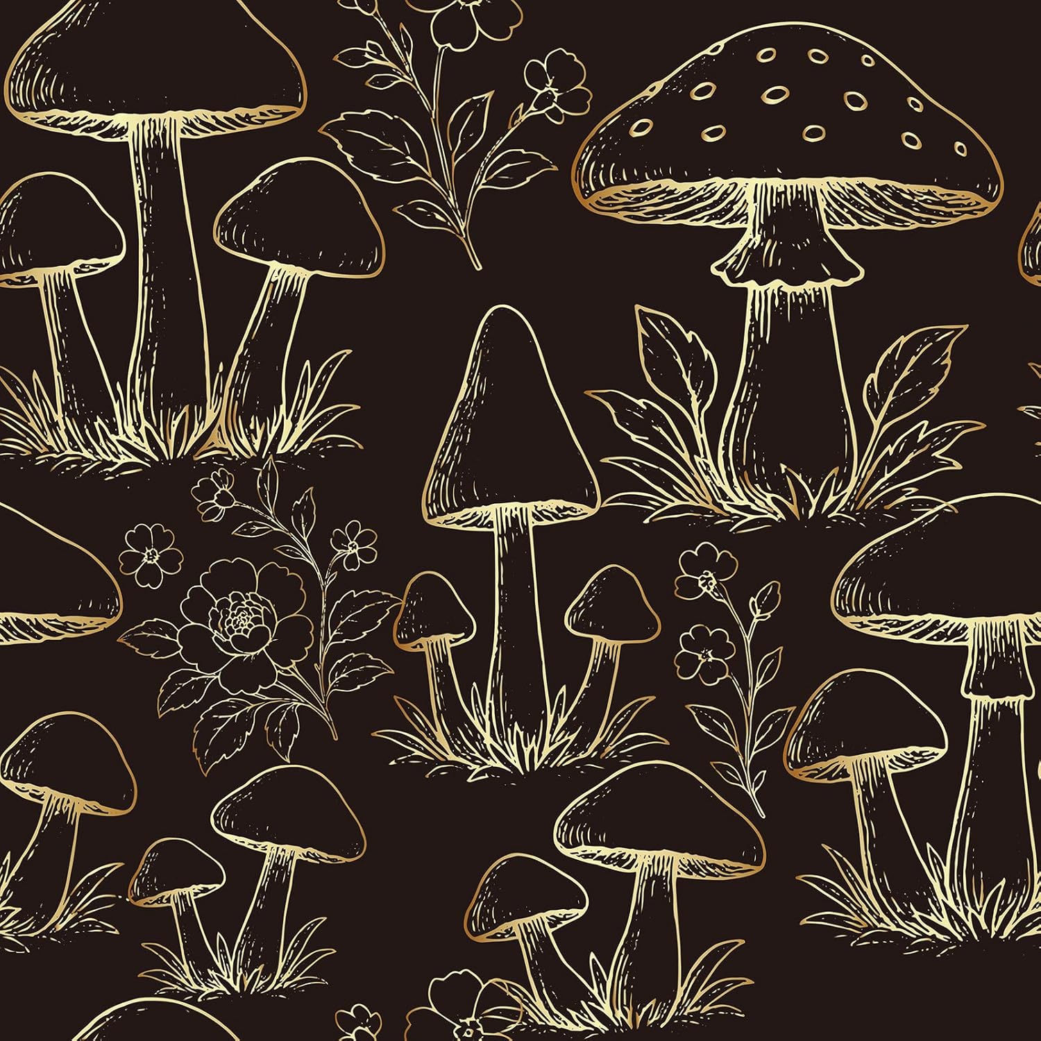 Black and Gold Mushroom Wallpaper Peel and Stick Dark Moody Floral Wallpaper Botanical Black Cottage Core Dark Academia Whimsical Mushroom Contact Paper for Cabinets Self Adhesive 17.5x80