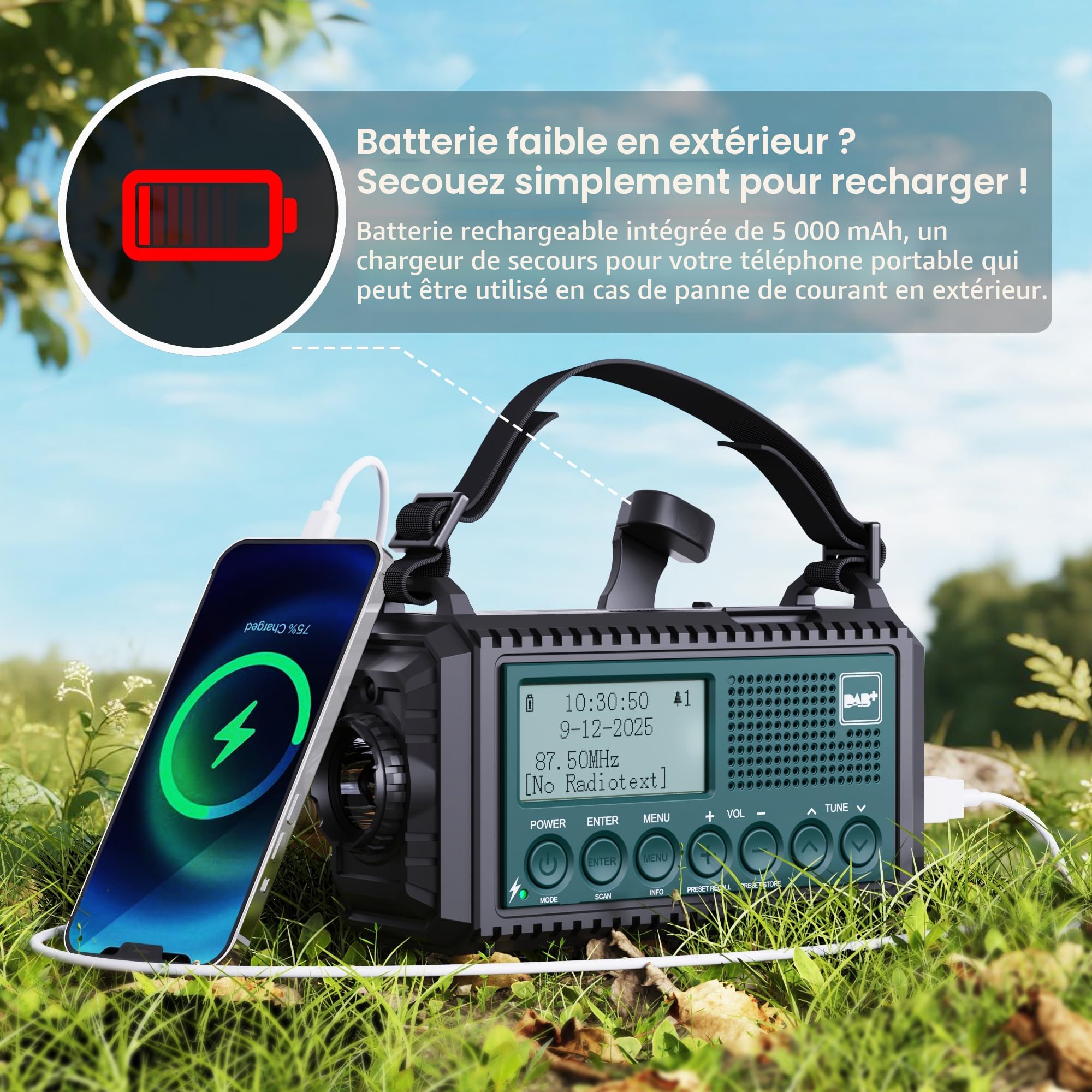 Dab/Dab+/FM Radio d'urgence Portable, Radio Solaire Manivelle avec Lampe Torche LED & Lampe de Lecture, 5000mAh Batterie Rechargeable, Alarme SOS de Camping, Bleu