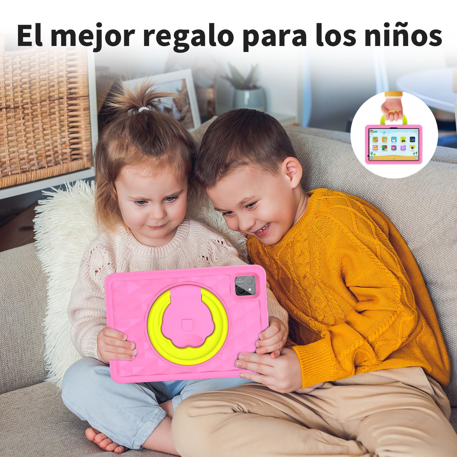 VASOUN Tablet infantil de 10 pulgadas con carcasa, Android 14, 5G WiFi, 128 GB de ROM, cámara dual, 8000 mAh, protección infantil, software infantil preinstalado, educativa (rosa)