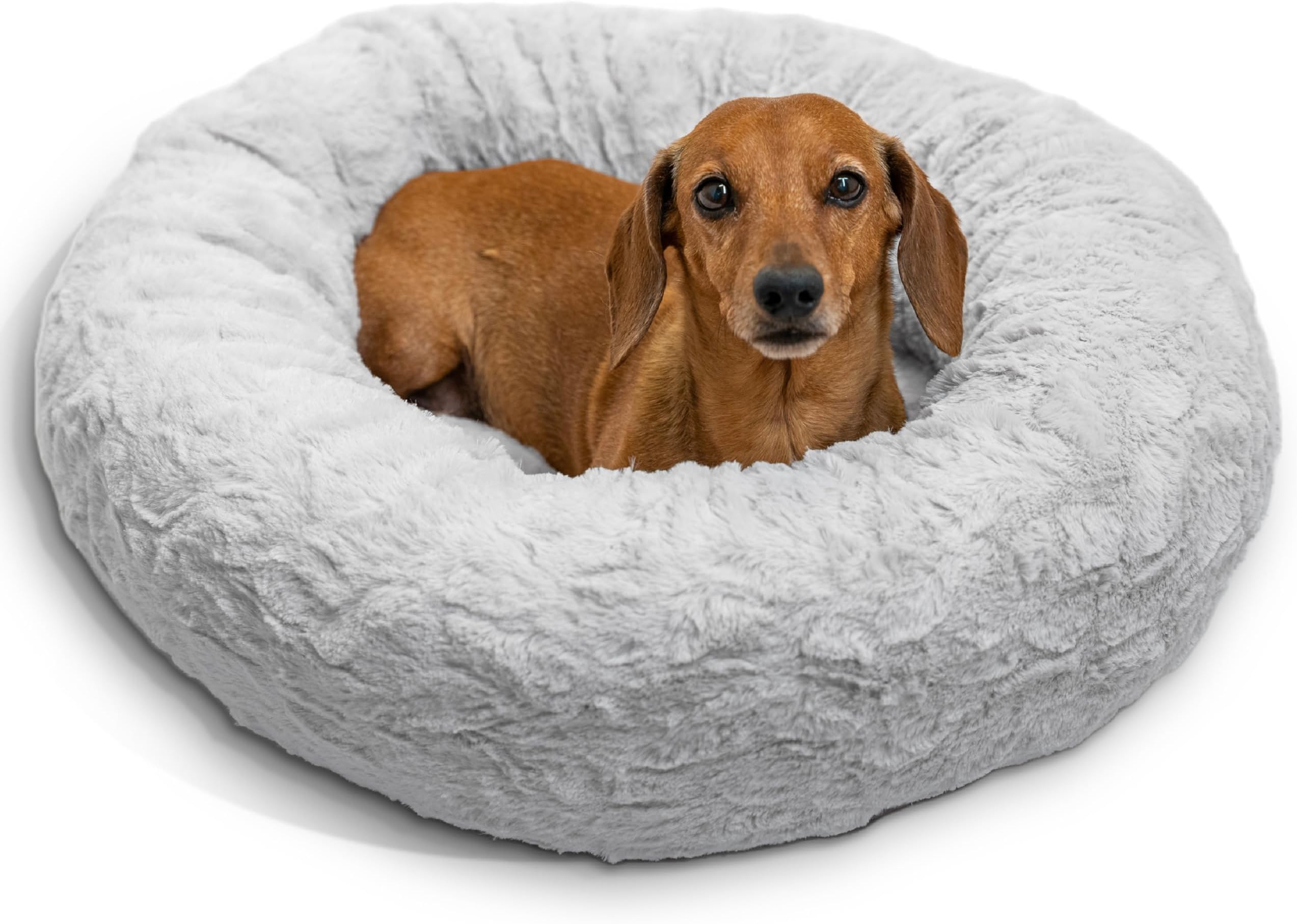 The Original Calming Donut Dog Bed for Small Dogs up to 25 lbs, Lux Faux Fur, Gray, 23" x 23"