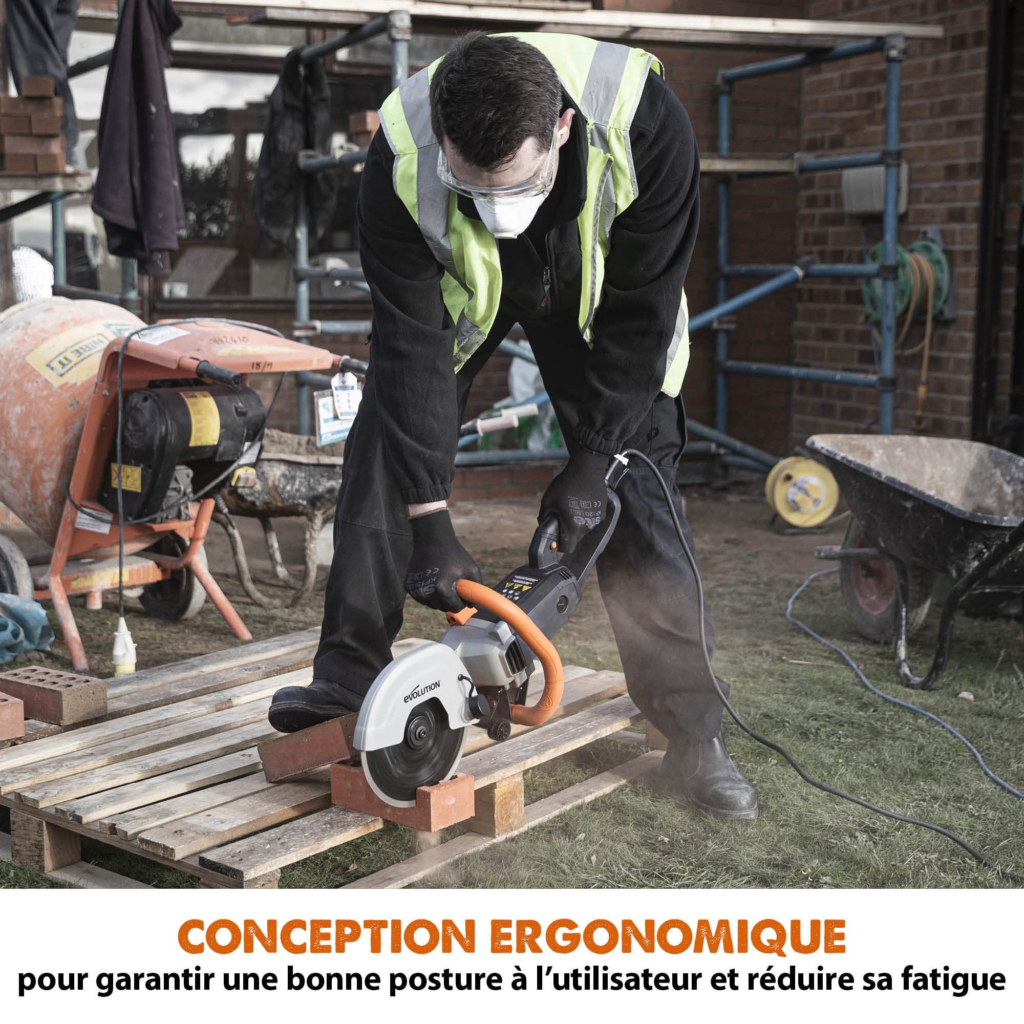 Evolution Power Tools Scie à Béton Pour couper le Béton, Pierre, Brique, les tuiles et autres - 2000W électrique, pas de Gaz, 90 mm de Coupe, avec Lame Diamant 230mm - R230DCT