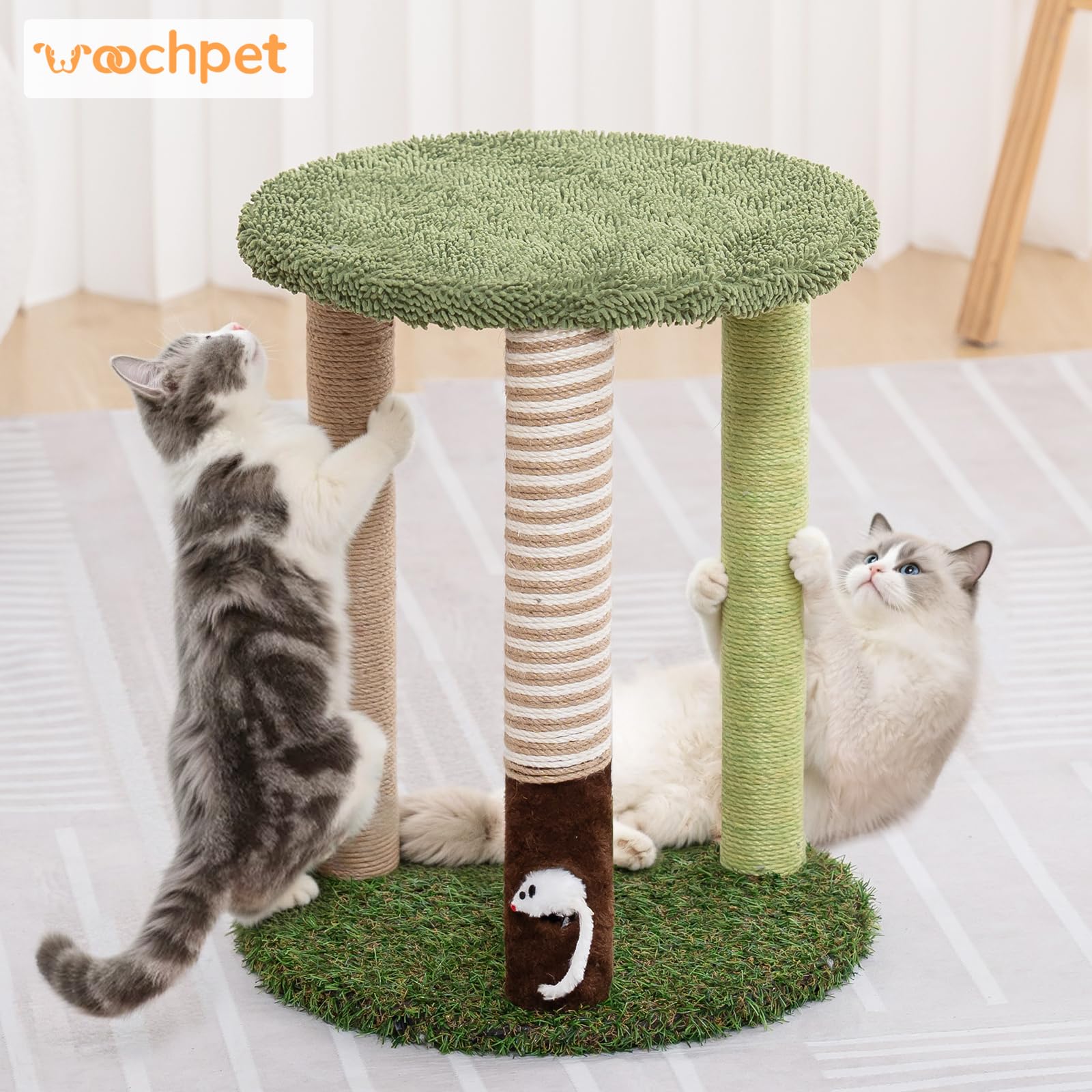 WOOCHPET Tiragraffi a torre con 3 tronci, altezza 55,9 cm, in sisal con divertente giocattolo per gatti e gatti adulti, piccola torre di gatto e asta per gatti indoor (verde)