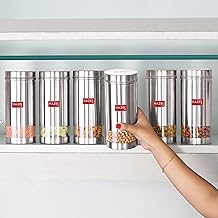 HAZEL Stainless Steel Kitchen Containers| 1 Ltr Each Transparent Kitchen Container Set with Matt Finish | Multipurpose Storage Box for kitchen containers, Set of 6
