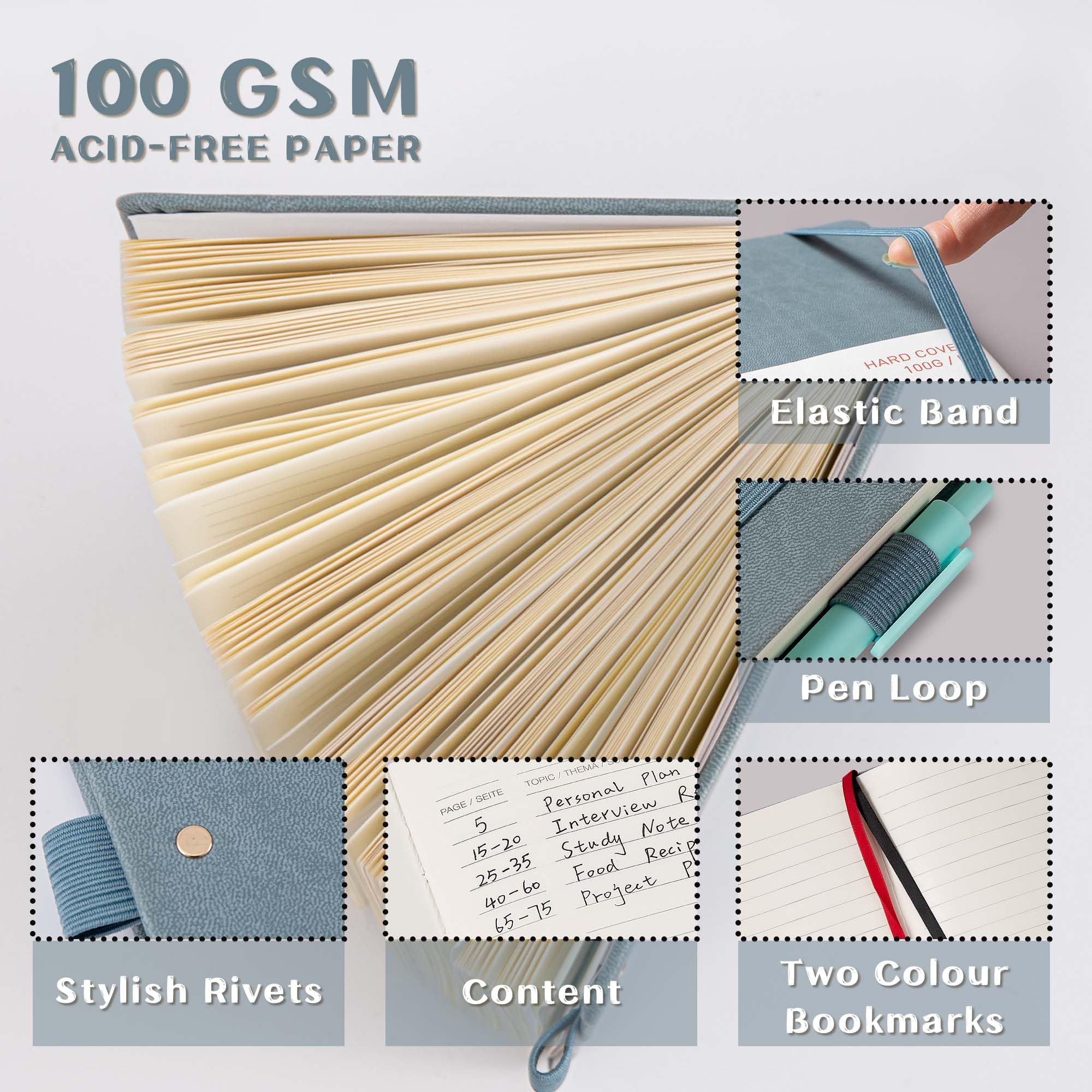 MGGAO A5 Ruled Journal 100 GMS Lined Thick Paper with 188 Numbered Pages Premium Leather Hardcover Notebook for Personal Writing Study Office Travel Recording (Blue,Ruled) - Image 3