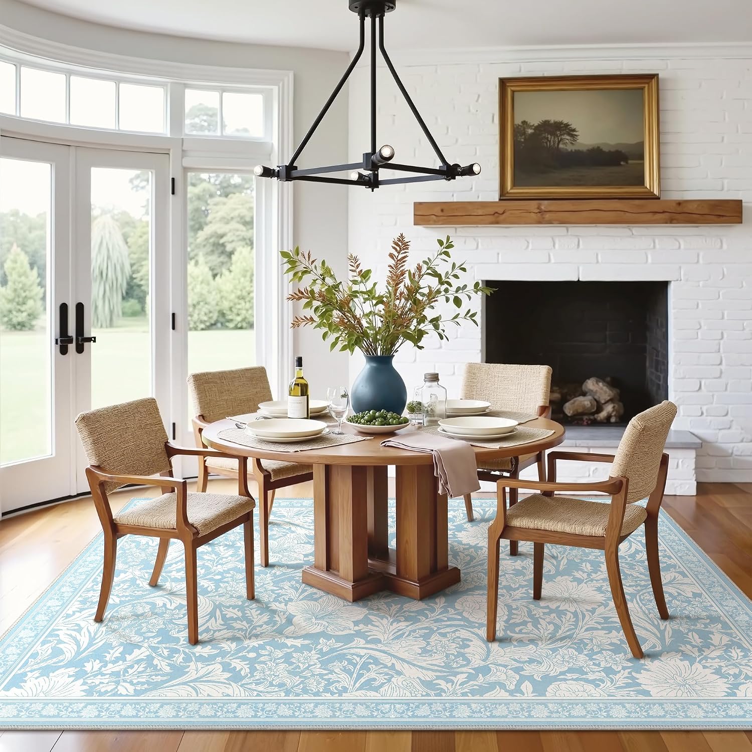 Clearance Vintage Floral Rugs 8x10, Washable Area Rug with Non Slip Backing, Low Pile for Living Room, Bedroom & Home Decor, Lightweight Carpet, Light Blue