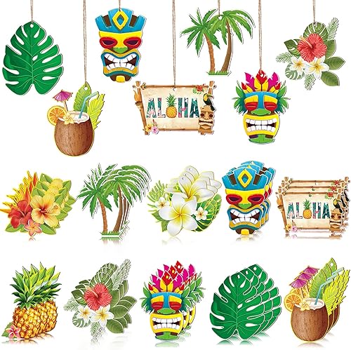 Spiareal 30 piezas de adornos colgantes de madera para fiesta temática hawaiana de Luau tropical de verano, máscaras Tiki, piñas, flores, palmeras,