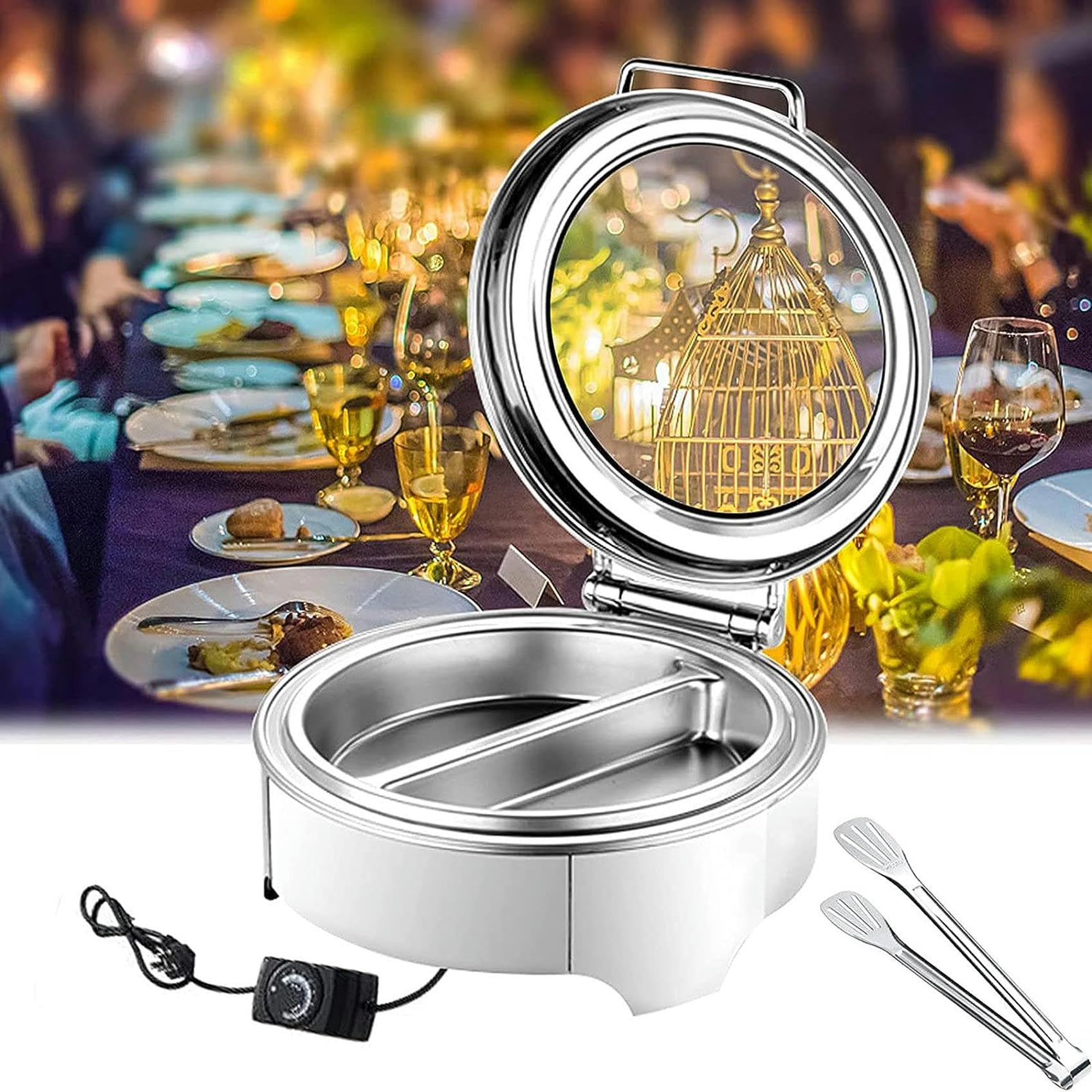 Chafing dish électrique rond 6L en acier robuste avec couvercle pour maintenir au chaud