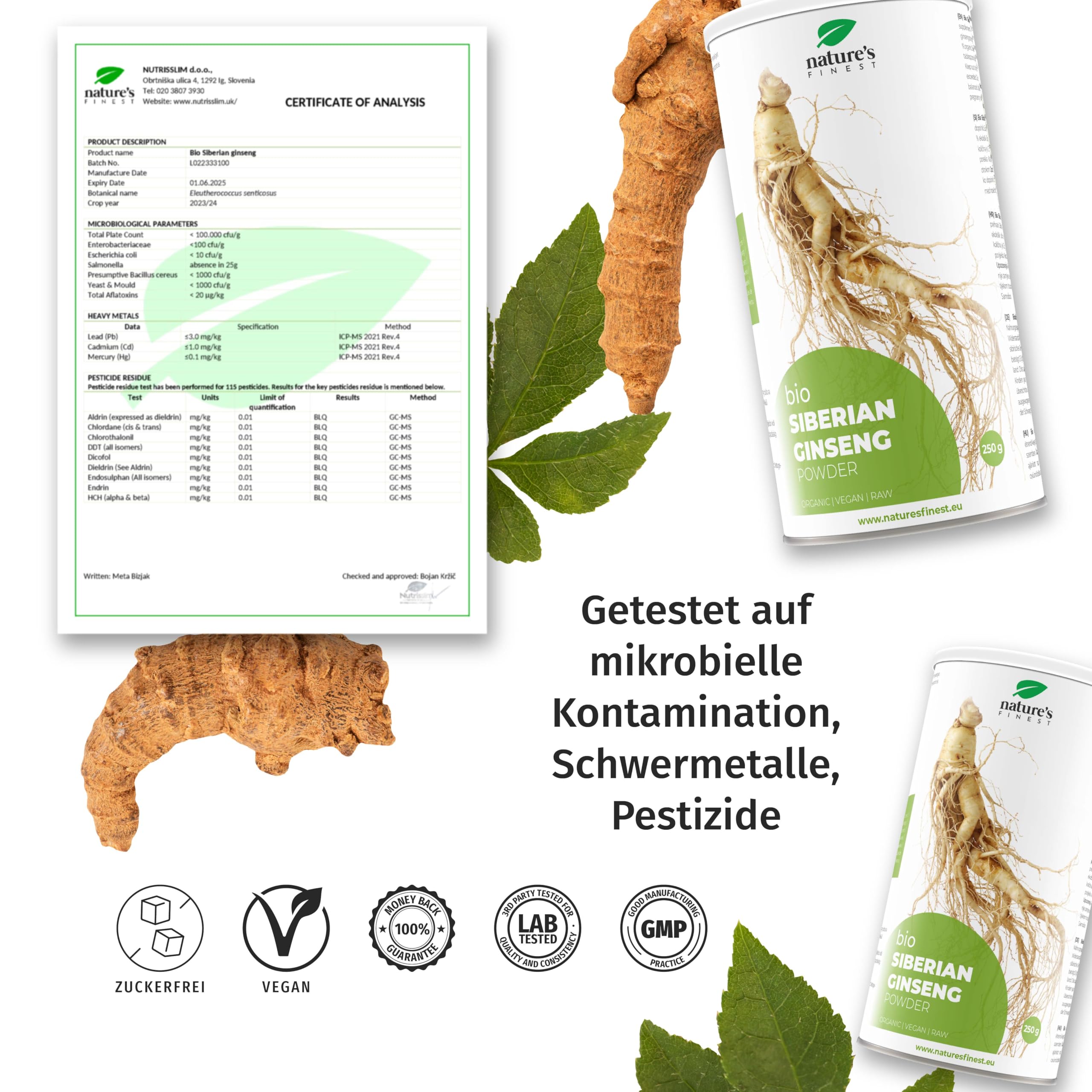 Nature's Finest Bio Sibirischer Ginseng, Pulver 250 g | Eleutherococcus senticosus Wurzelpulver - 100 % bio, vegan - traditionsreiche Wurzel, fein gemahlen für Getränke