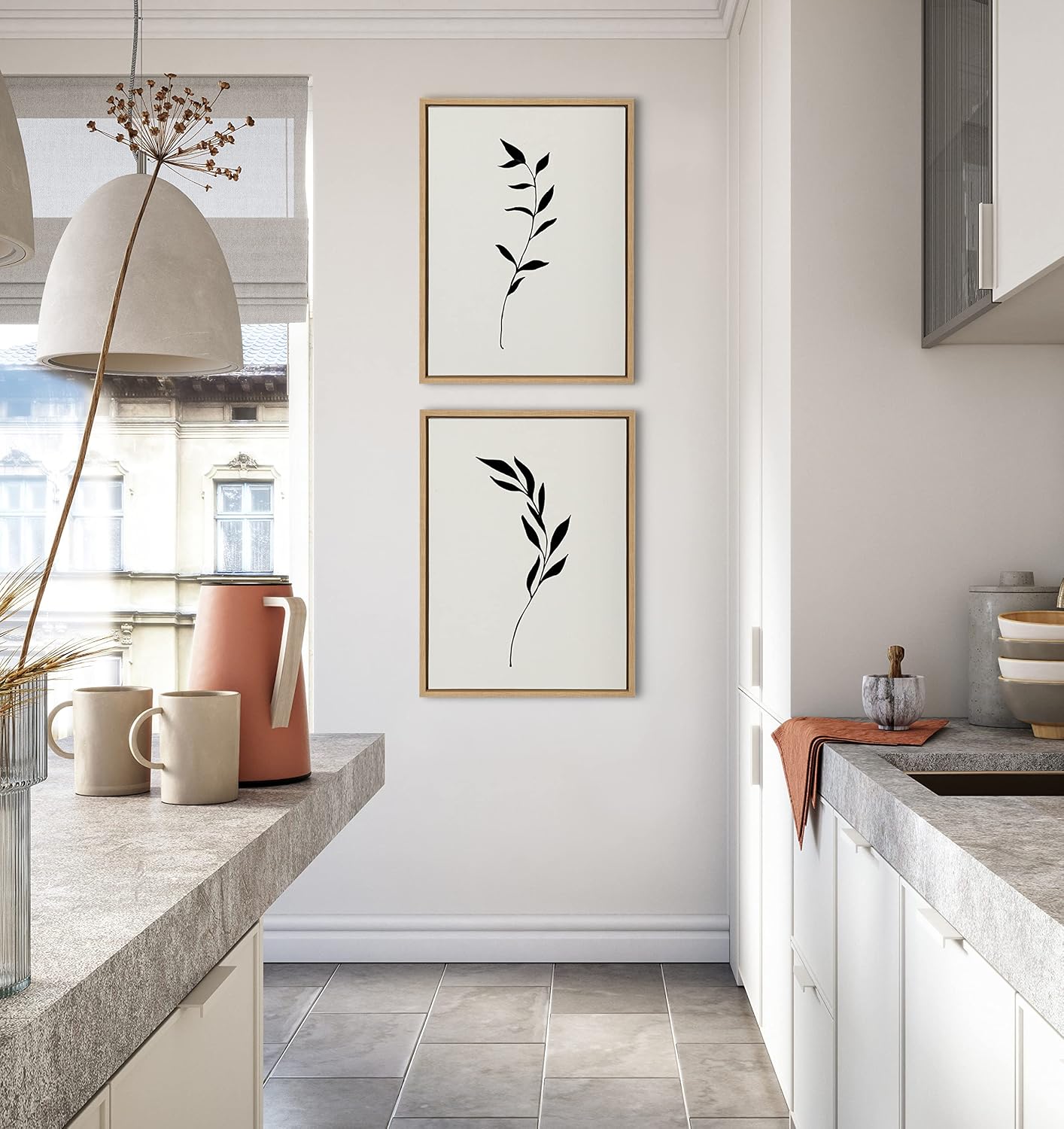 Kate and Laurel Sylvie 1 Minimalist Botanical Sketch No 2 BW Framed Canvas Set by The Creative Bunch Studio, 2 Piece 18x24, Natural, 2