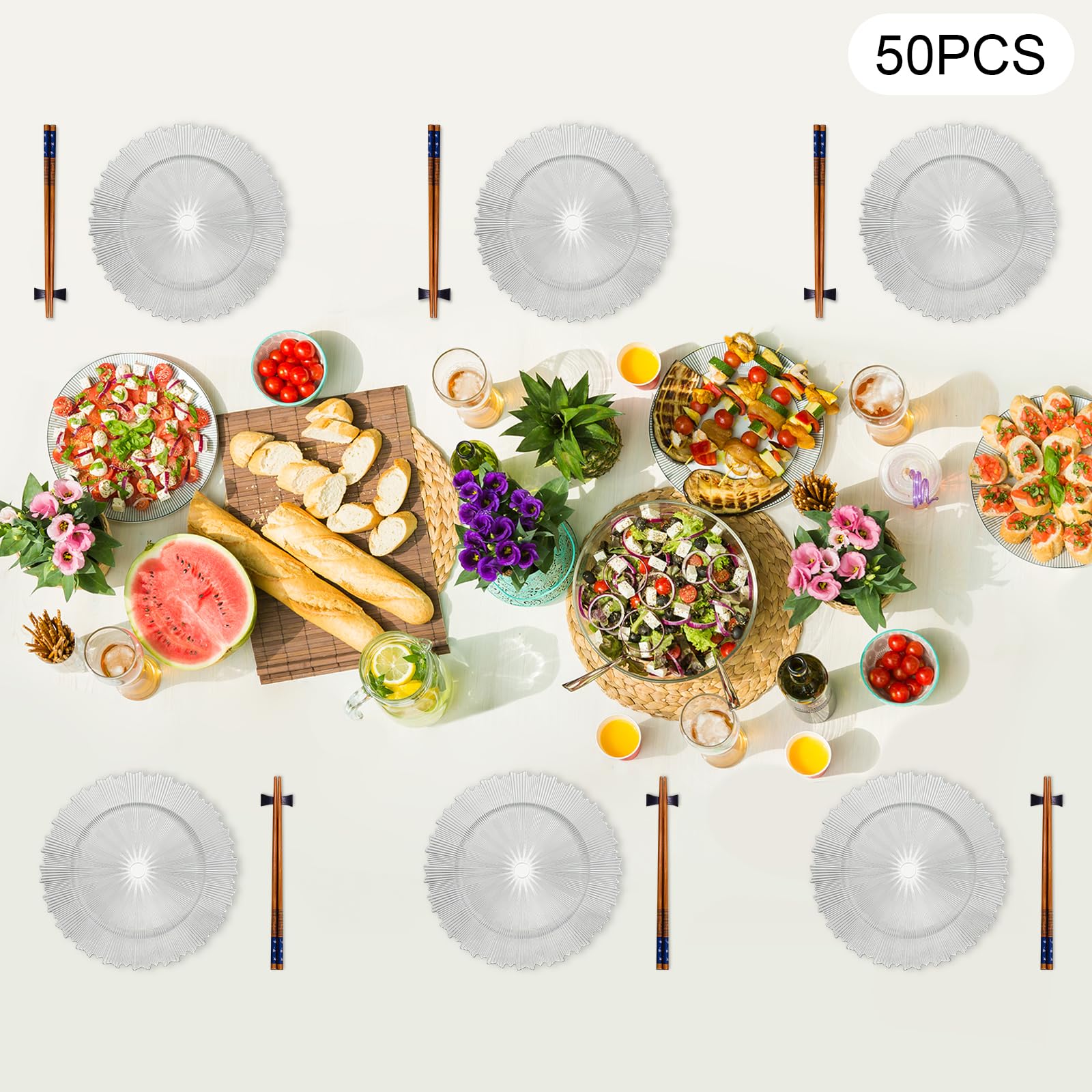 PERFERATE 50Pcs Gold Charger Plates 13 Inch Plastic Wedding Chargers Floral Decorative Plates Ruffled Rim Chargers Reusable Reef Serving Charger for Dinner Shiny Decorative (Silver)