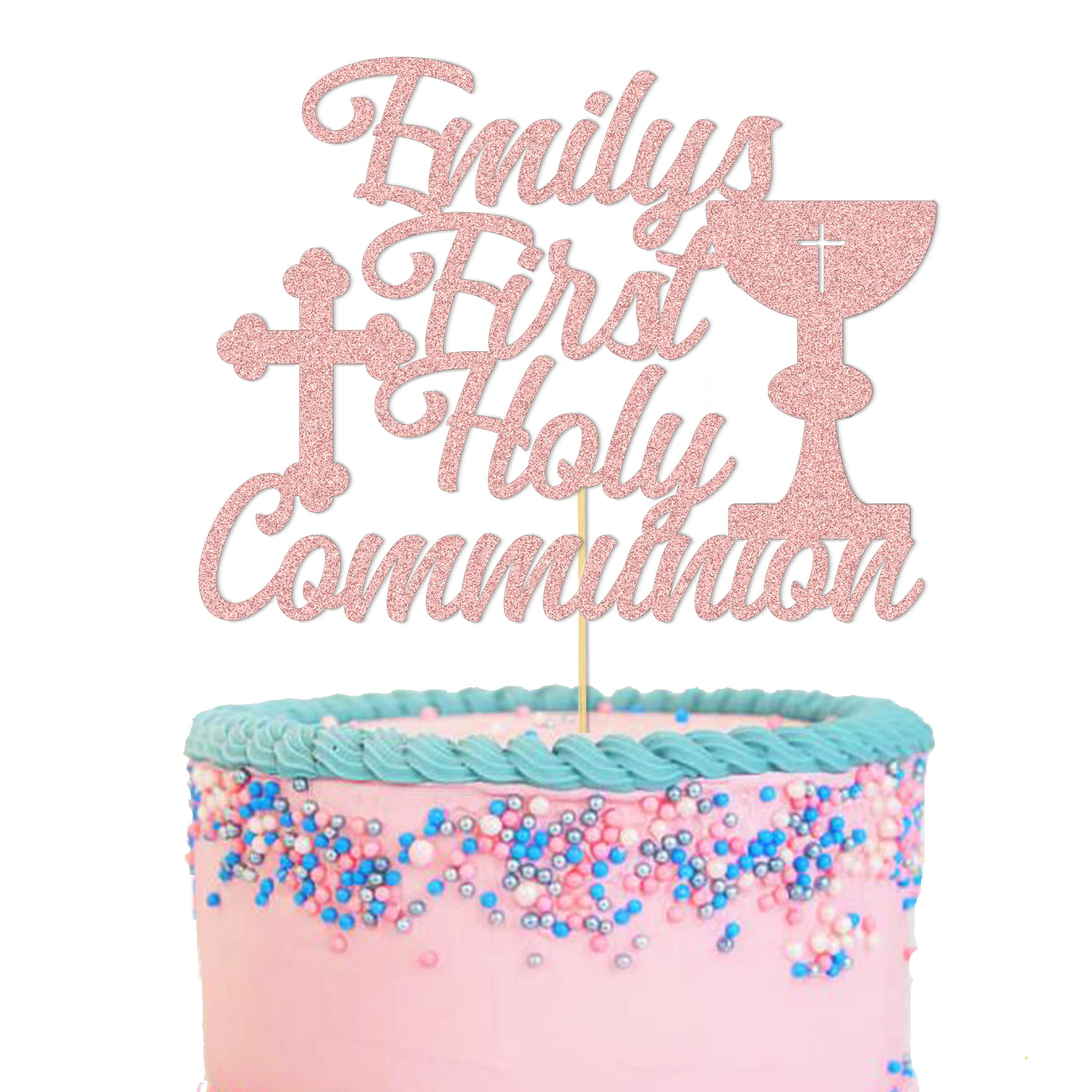 GuteGifts Personalised First Holy Communion Cake Topper - Grail Cross Christening Baptism Confirmation 1st Communion Party Decor Multicolour Glitter Hand Finished in UK (Rose gold)