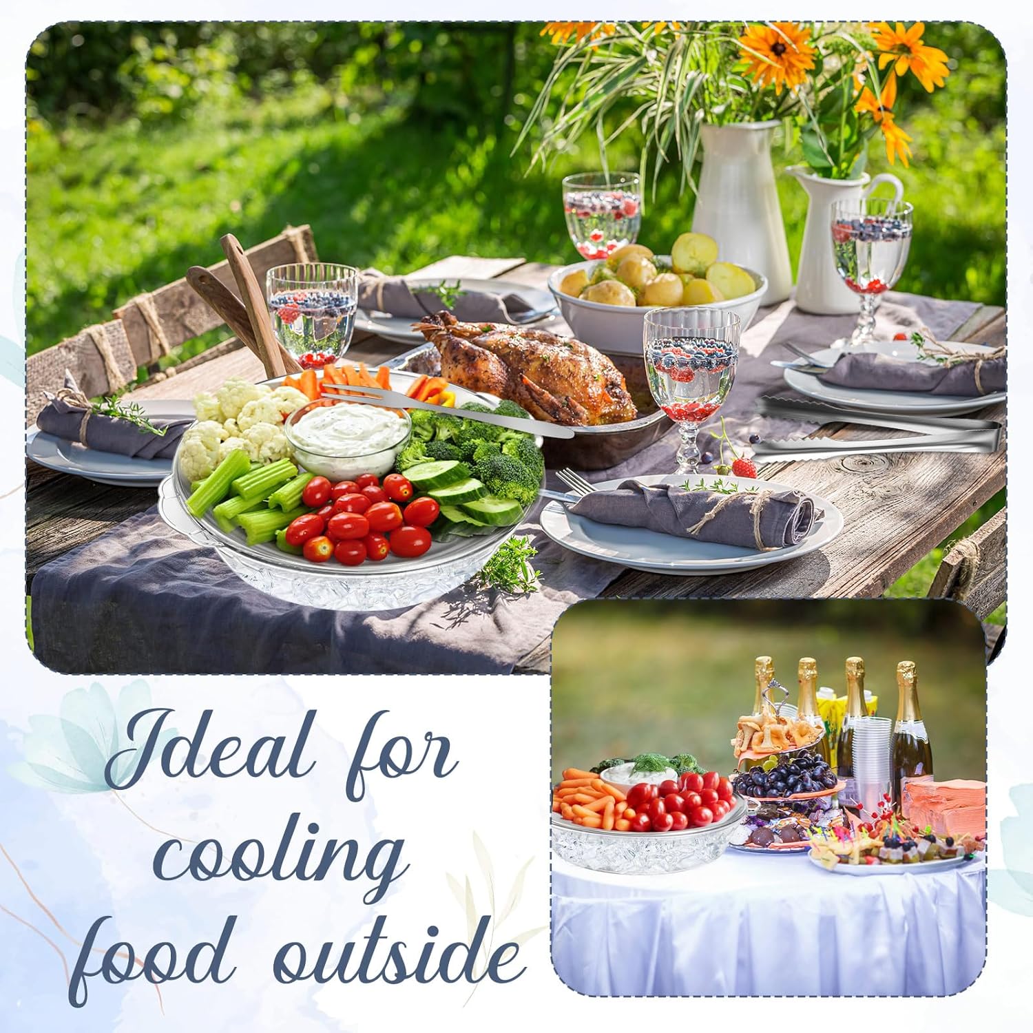 Baderke 2 Sets 11.8" Chilled Serving Tray for Parties Round Iced Platter with Ice Underneath Stainless Steel Clip Fruit Fork Shrimp Cocktail Serving Dish for Oysters Crawfish Fruits (Original) - Image 7