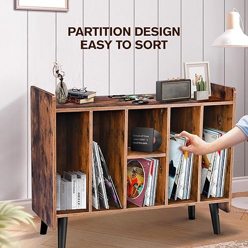 Miniatura 7 de Soporte grande para tocadiscos con tomas de corriente, mesa de almacenamiento de discos de vinilo con estante de exhibición con capacidad para hasta