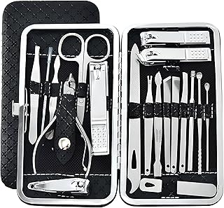 مجموعة العناية بالأظافر من الفولاذ المقاوم للصدأ لليدين والقدمين محمولة مناسبة للمنزل والعمل والسفر في الأماكن الخارجية، 19 قطعة