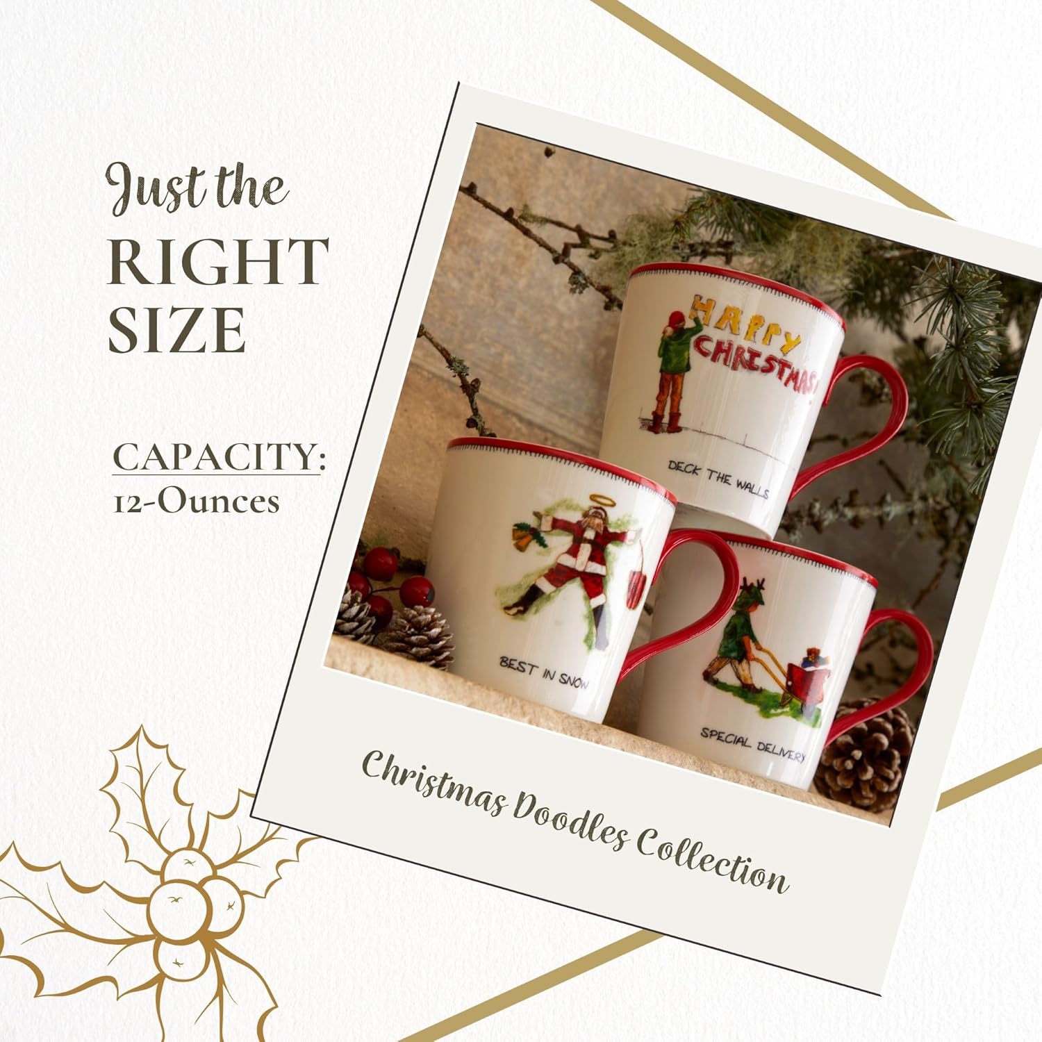 Spode Kit Kemp 12oz Festive Christmas Mug - Best In Snow Doodle Mug, Fine China Dishwasher Safe Holiday Coffee Mug with Handle for Cocoa, Tea, Gifts - A Cheerful Christmas Essential